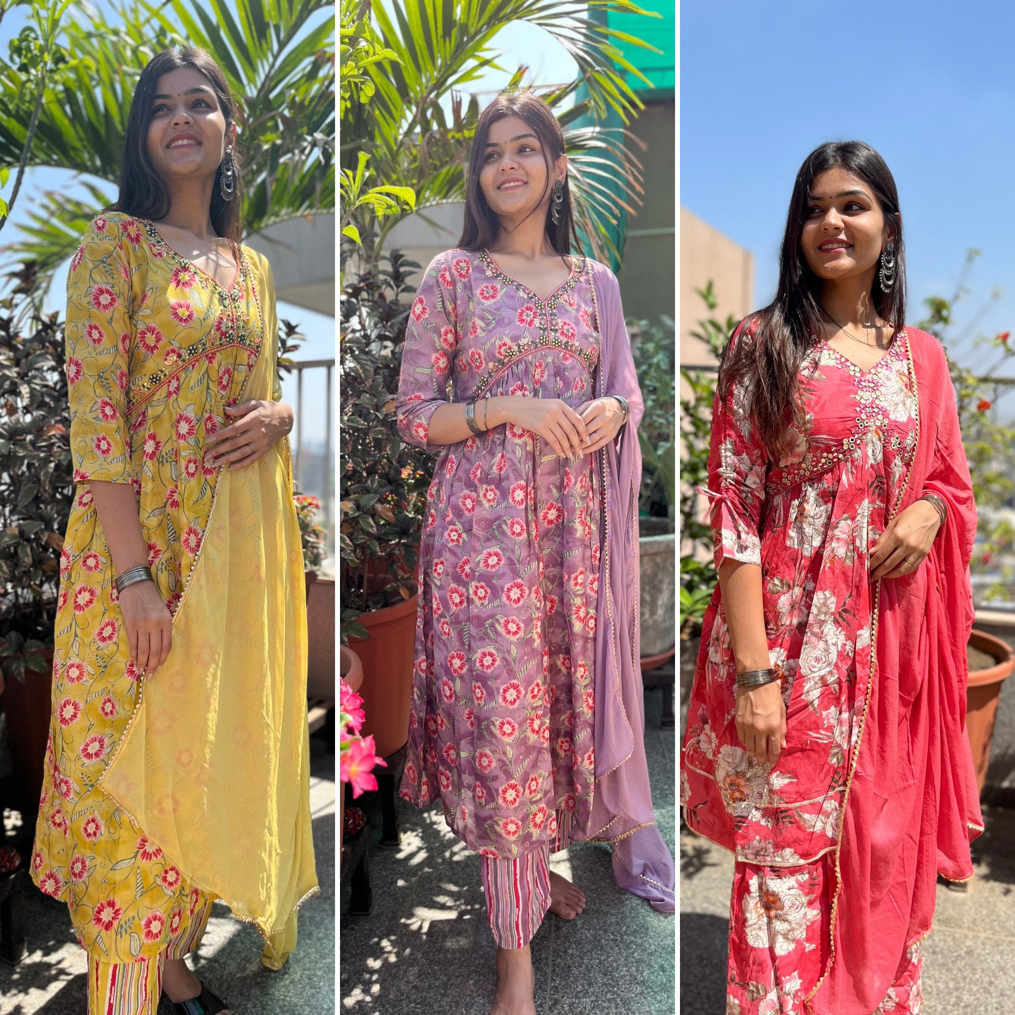 Traditional kurti set in bright colors and bold patterns