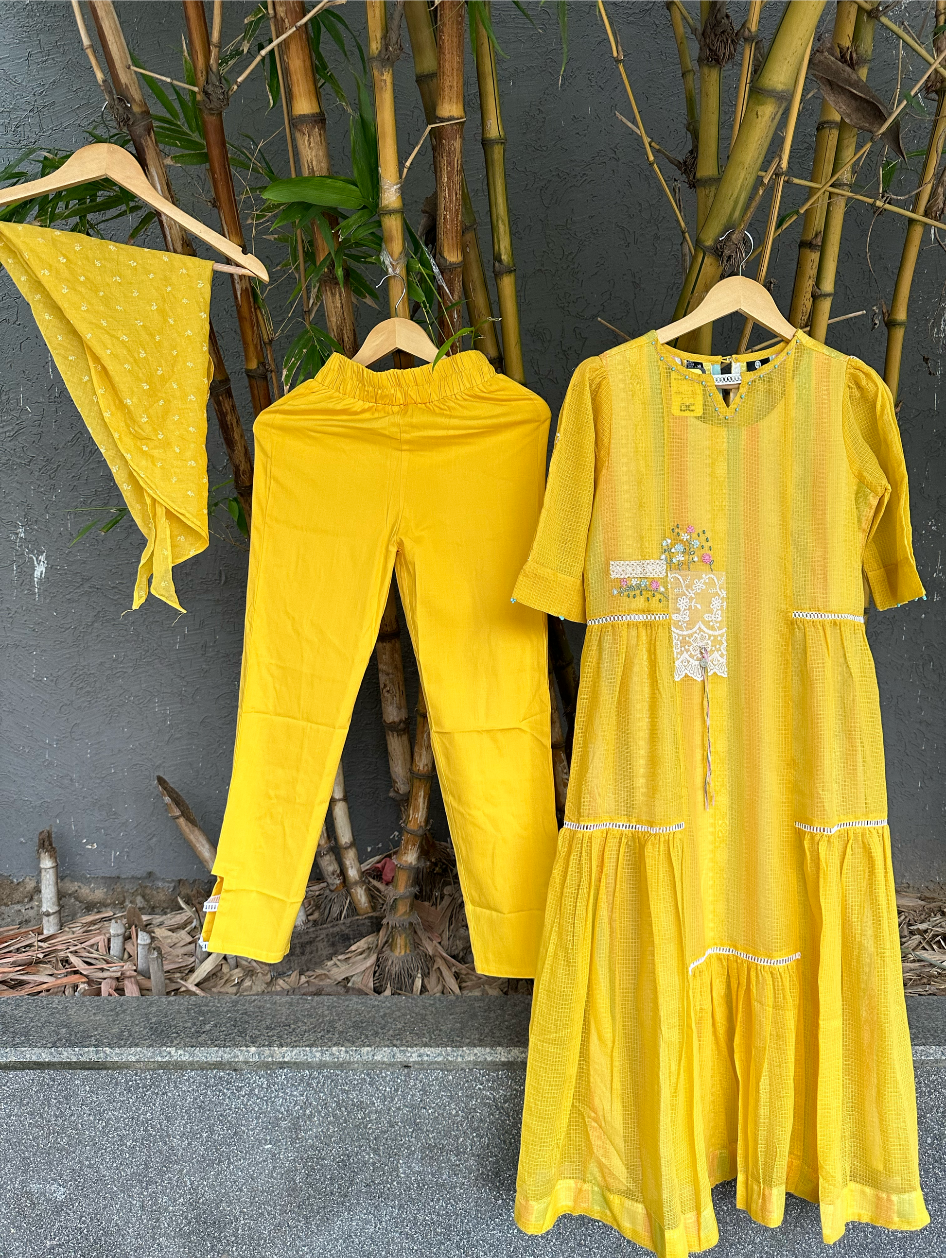Cotton 3 Piece with Scarf & Lycra Pant - Yellow