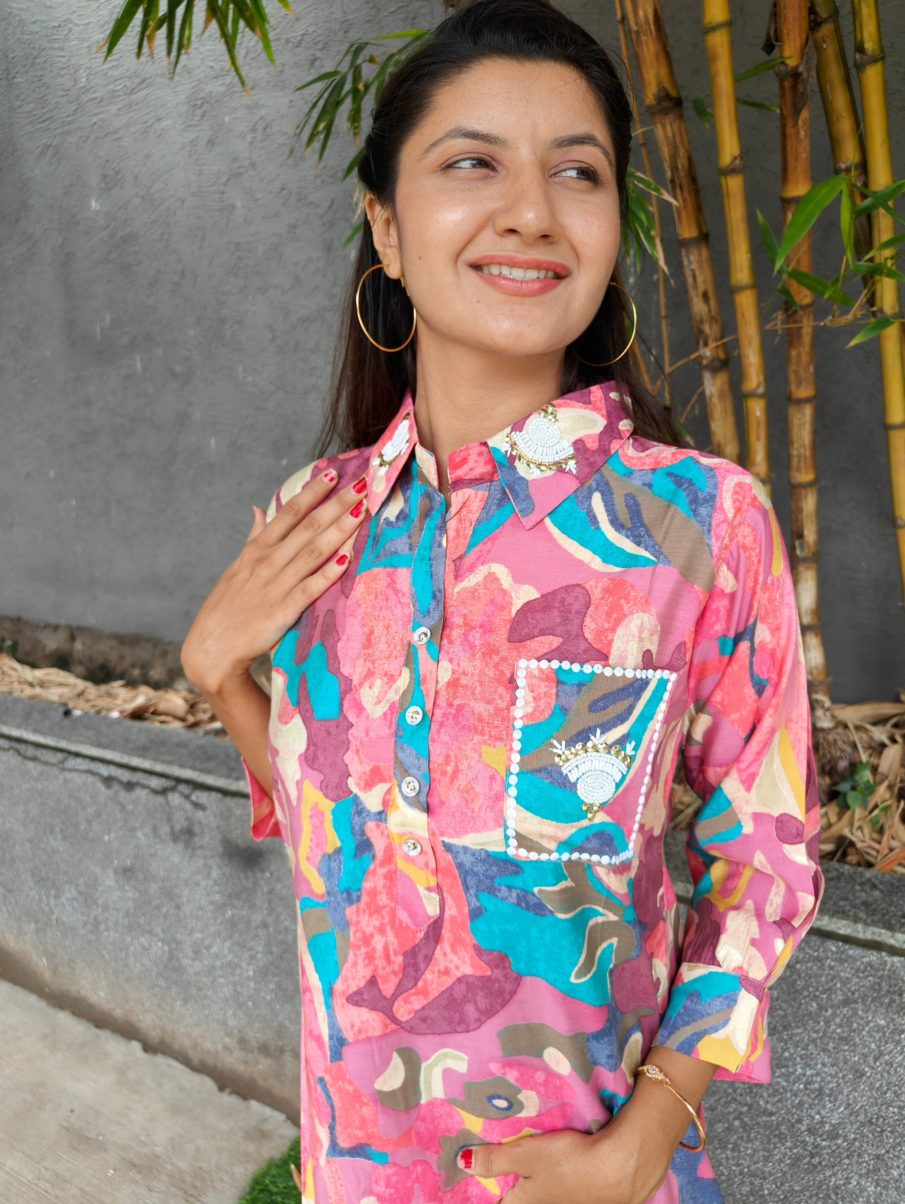 Image of Muslin Print Collar Hand work - Coords