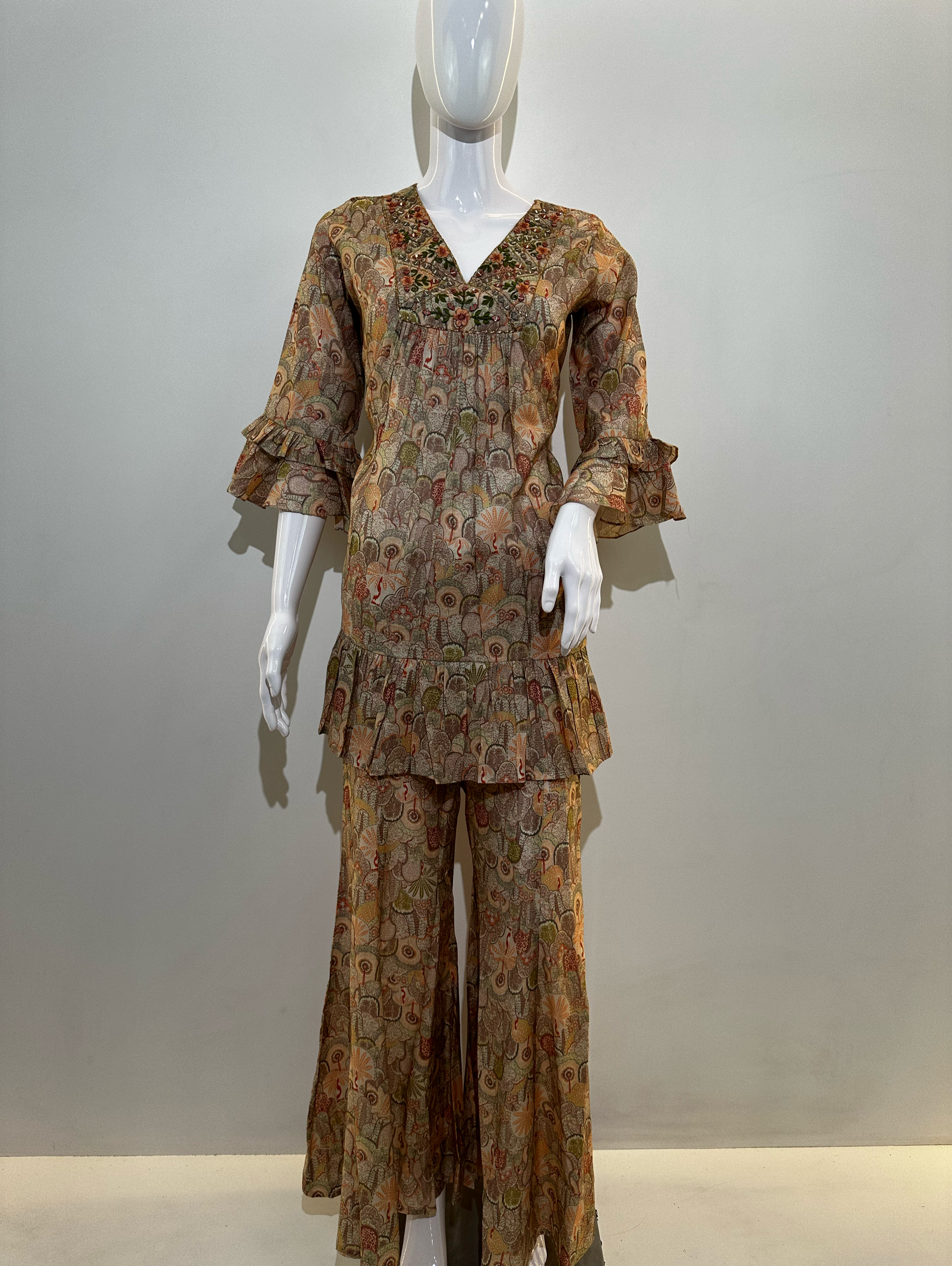 Image of Muslin Embroidery Bell Bottom Kurti Set