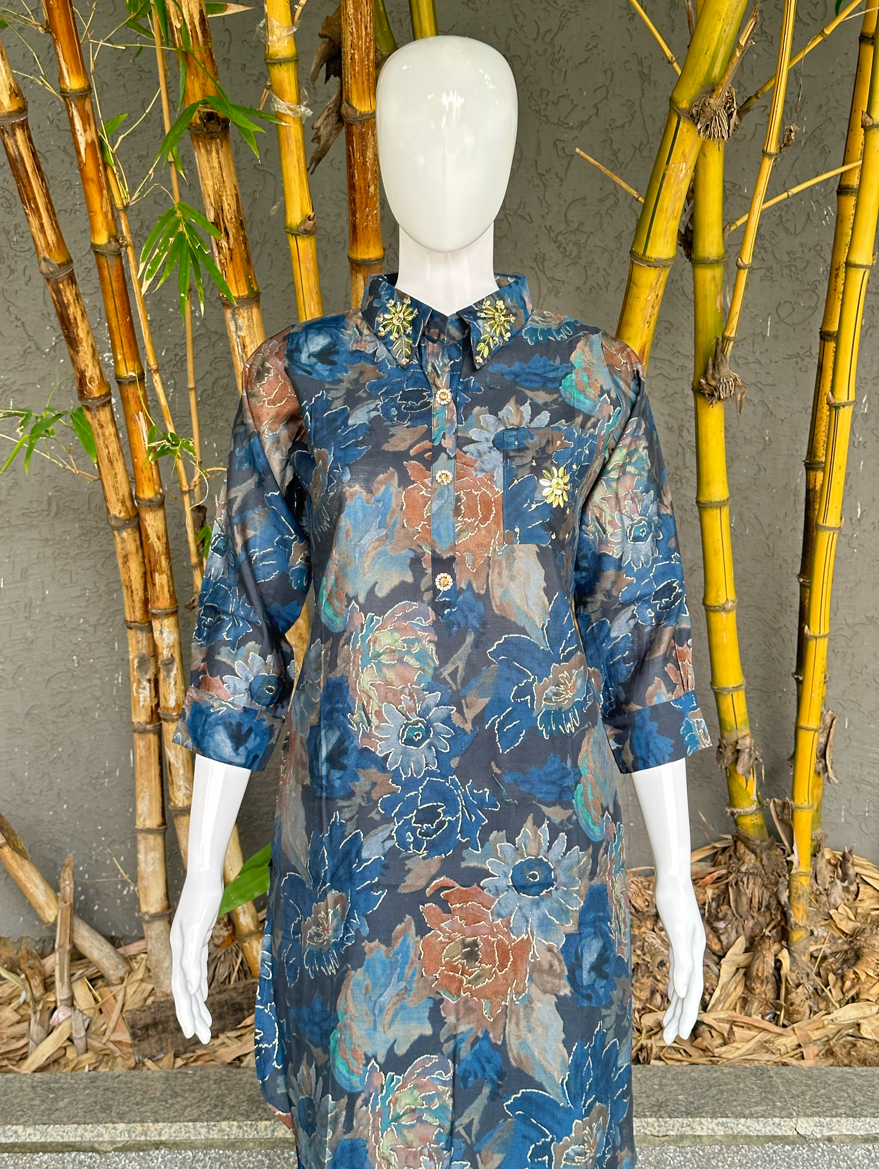 Image of Muslin with Collar and Pocket Embroidery Coords