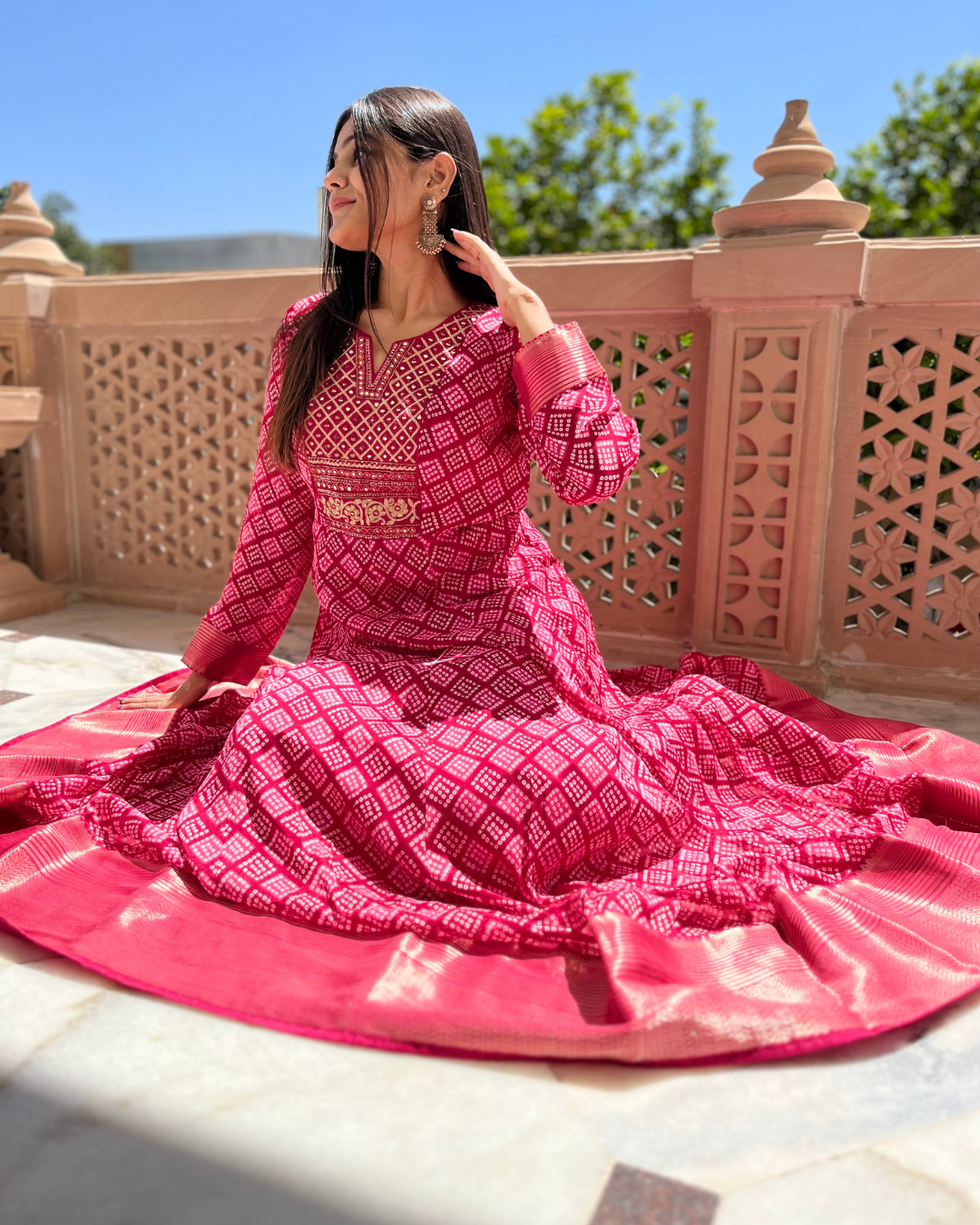 Image of Bandhni Print Georgette Gown- Rani Color