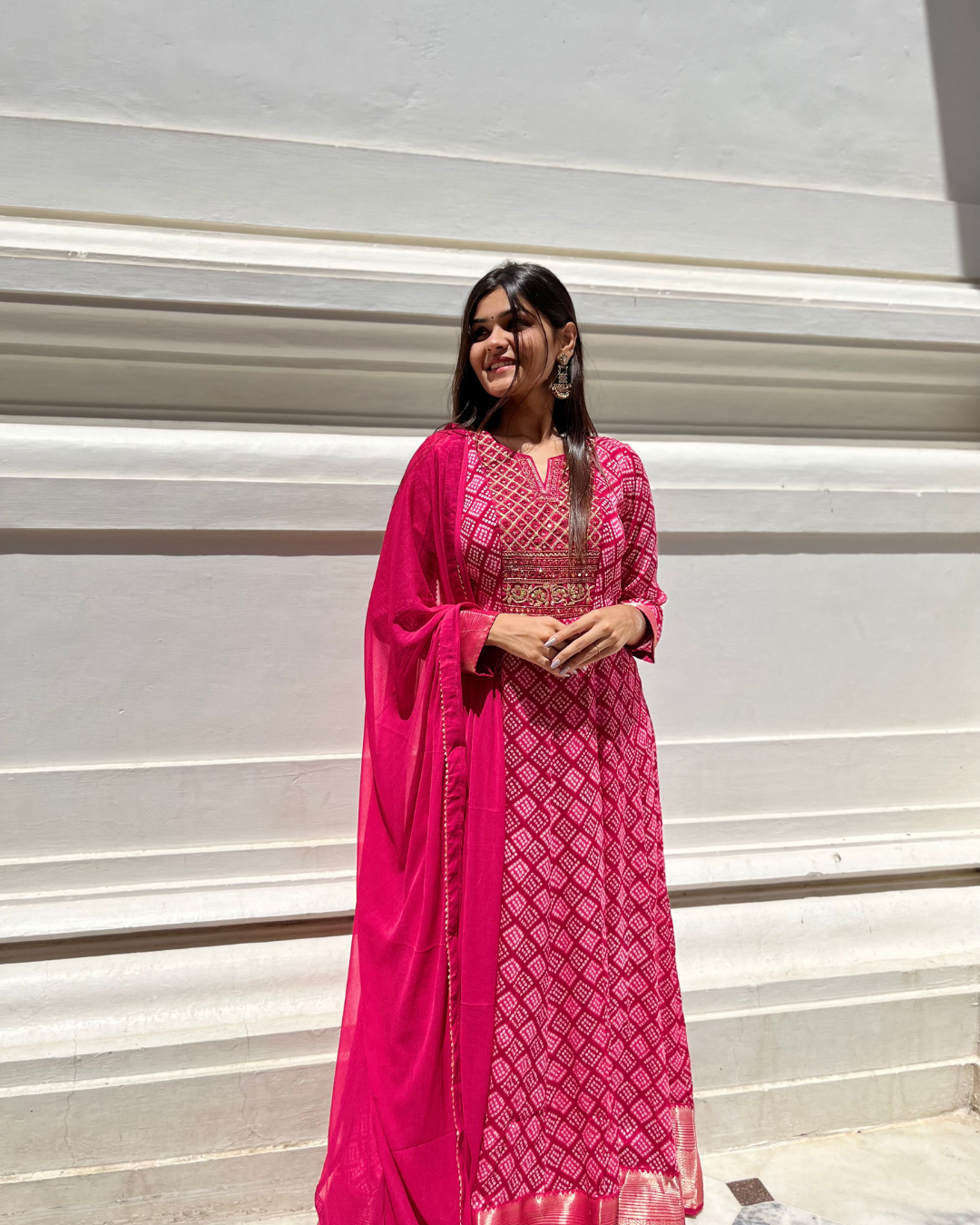 Image of Bandhni Print Georgette Gown- Rani Color