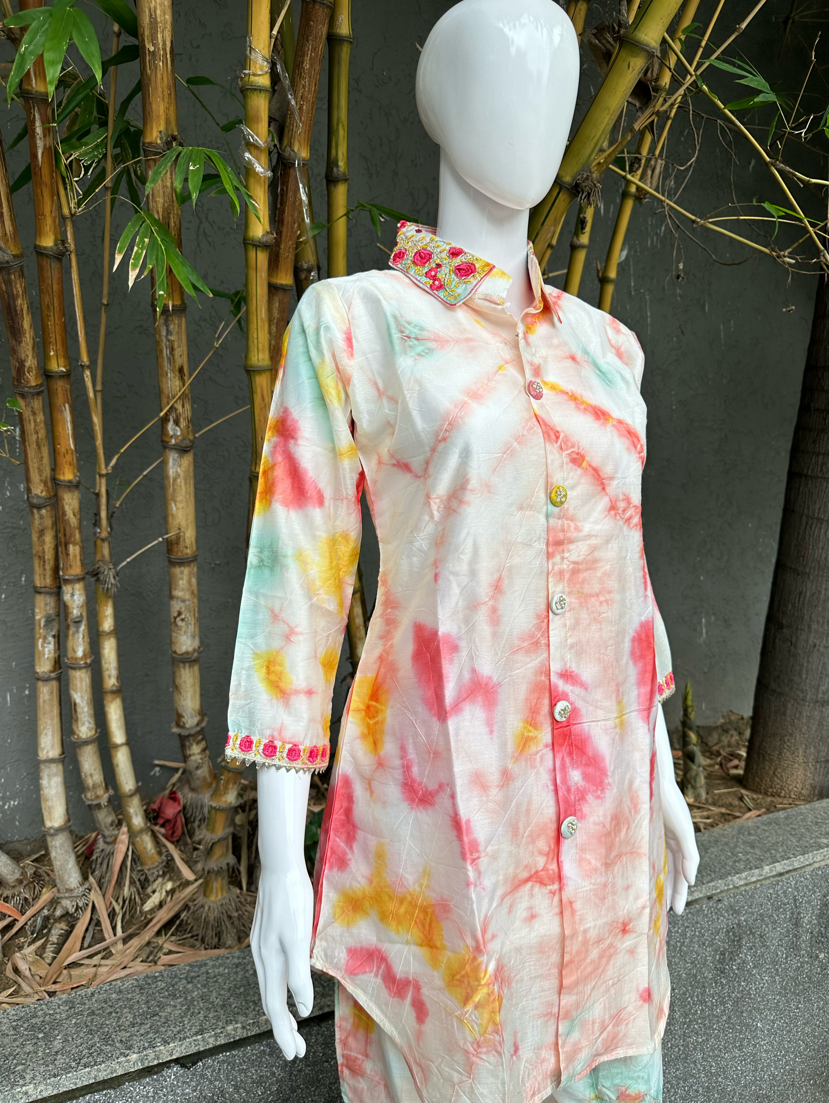 Image of Muslin Silk Collar Embroidery Coords - Tie Dye