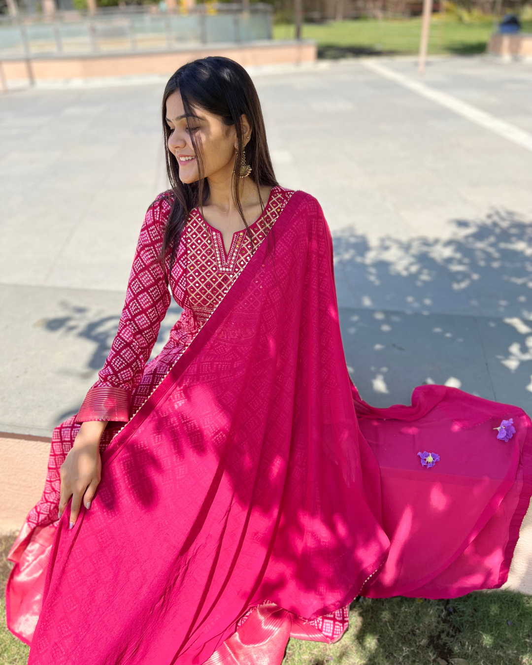 Image of Bandhni Print Georgette Gown- Rani Color