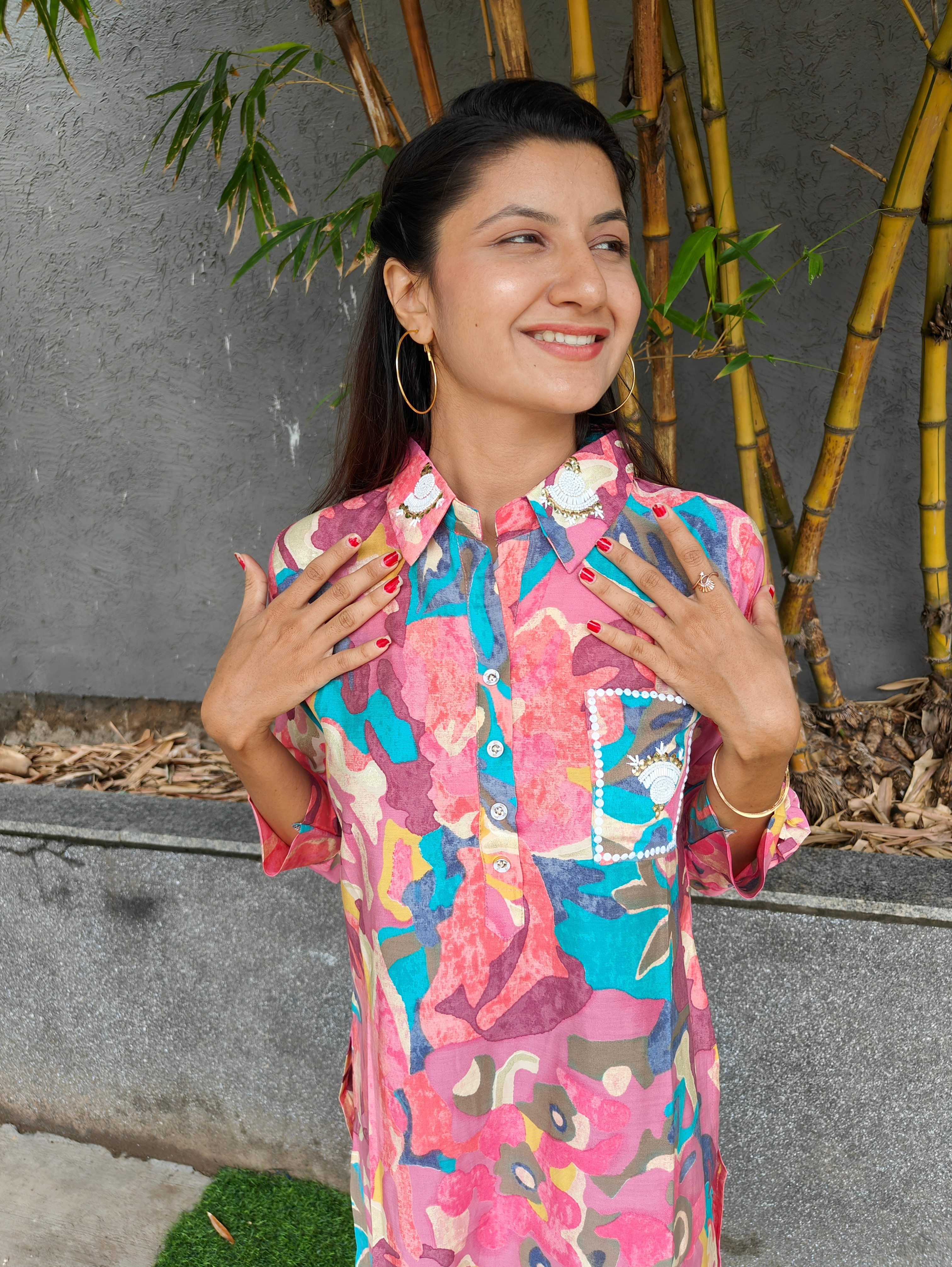 Image of Muslin Print Collar Hand work - Coords