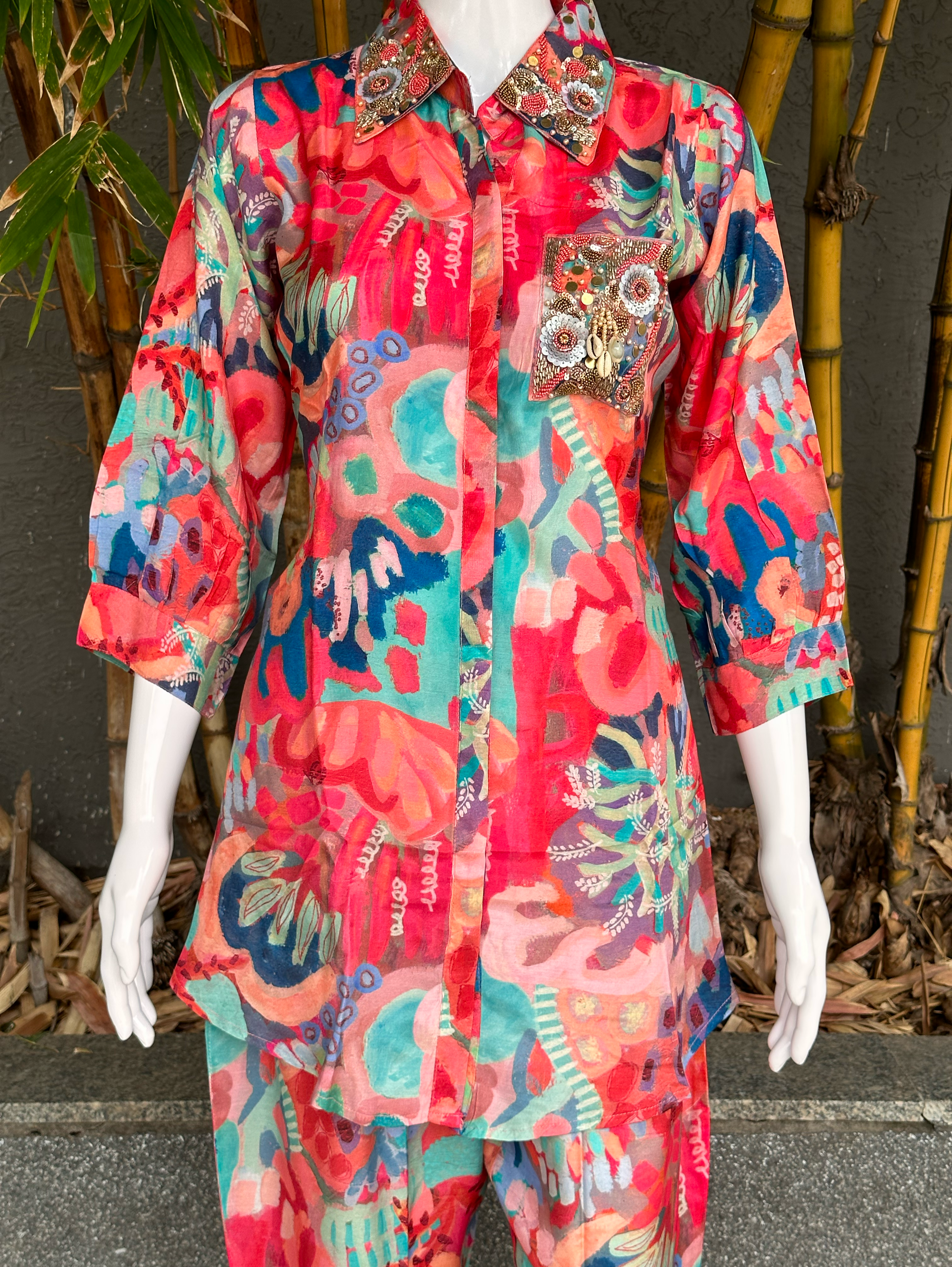 Muslin Coord Set with Collar & Pocket Hand Work