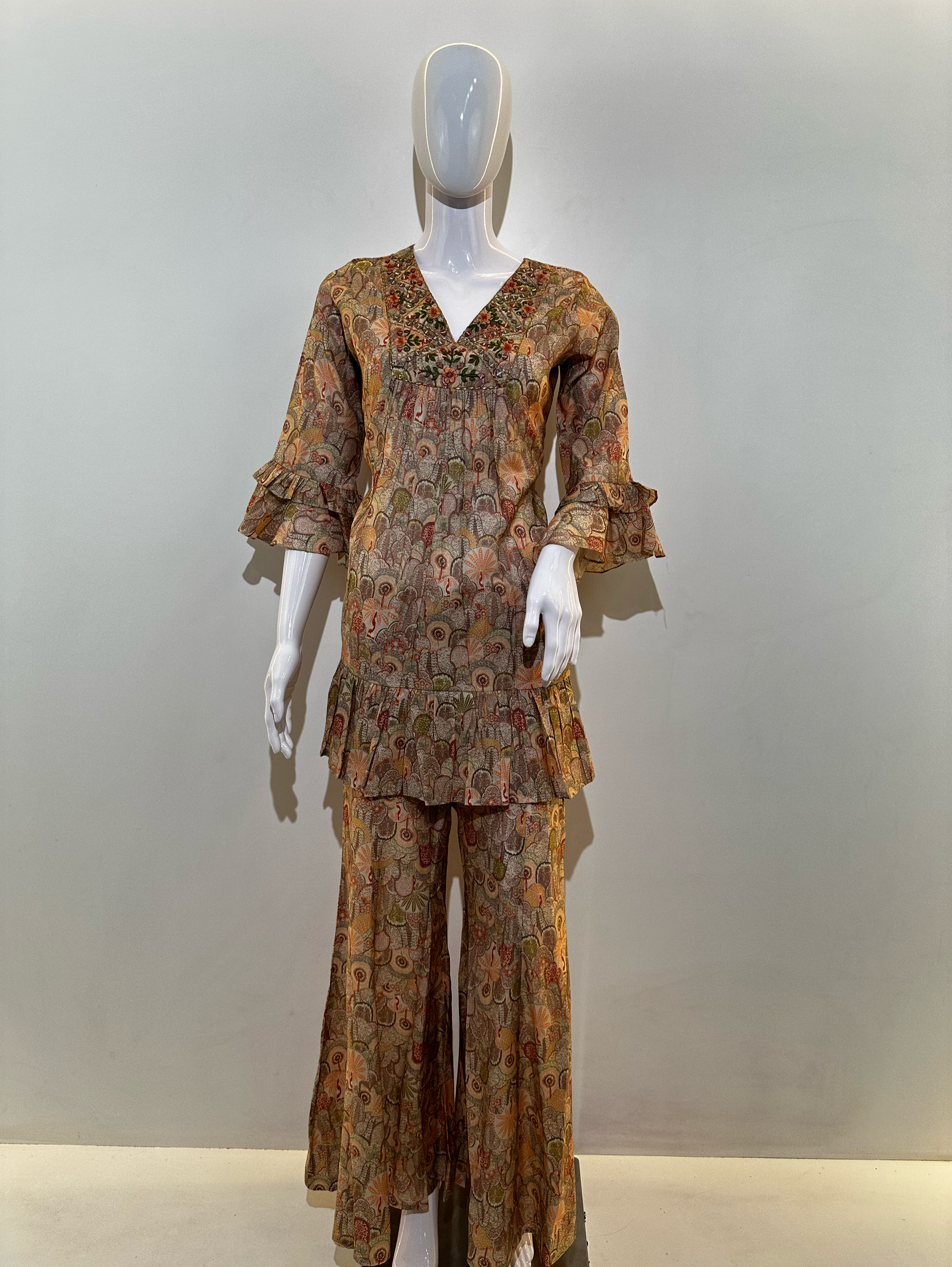 Image of Muslin Embroidery Bell Bottom Kurti Set