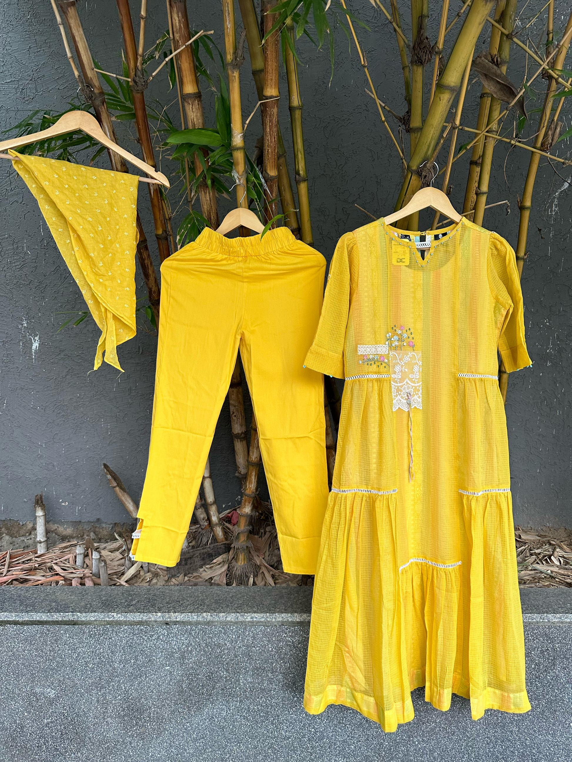 Cotton 3 Piece with Scarf & Lycra Pant - Yellow