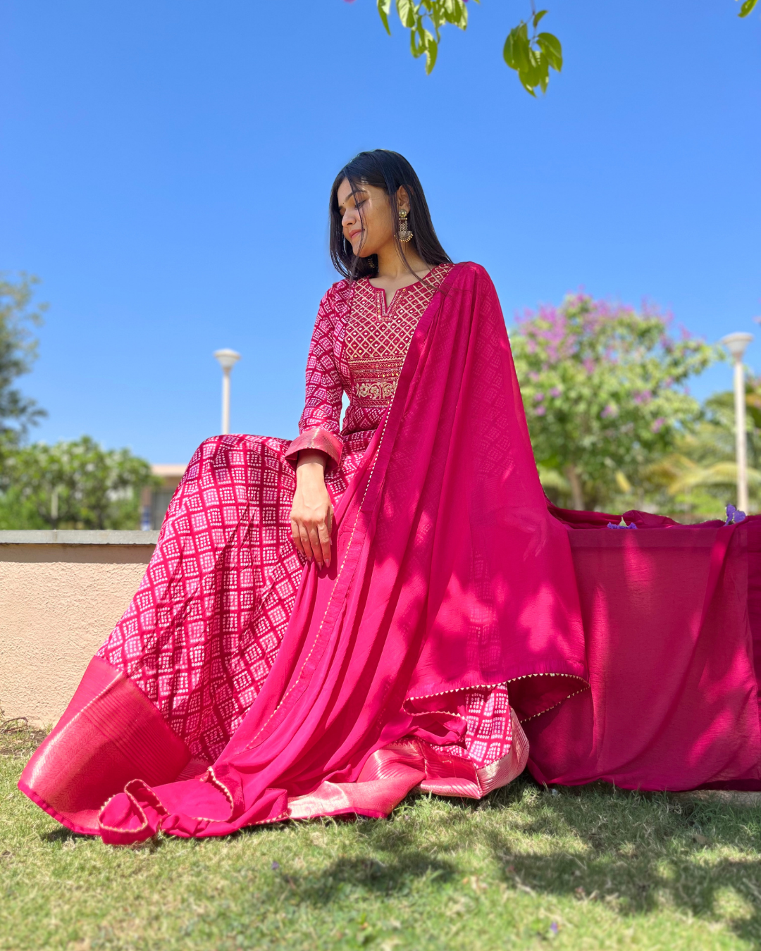 Image of Bandhni Print Georgette Gown- Rani Color