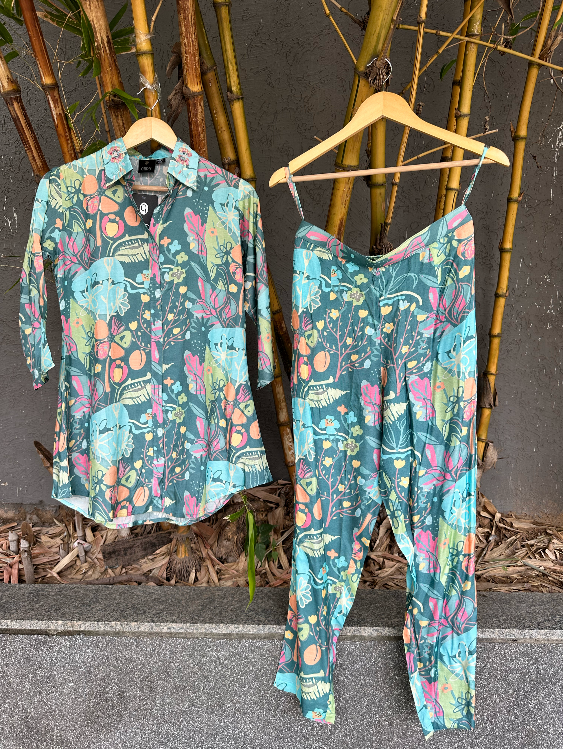 Muslin Collar Embroidery Coord Sets - Teal blue