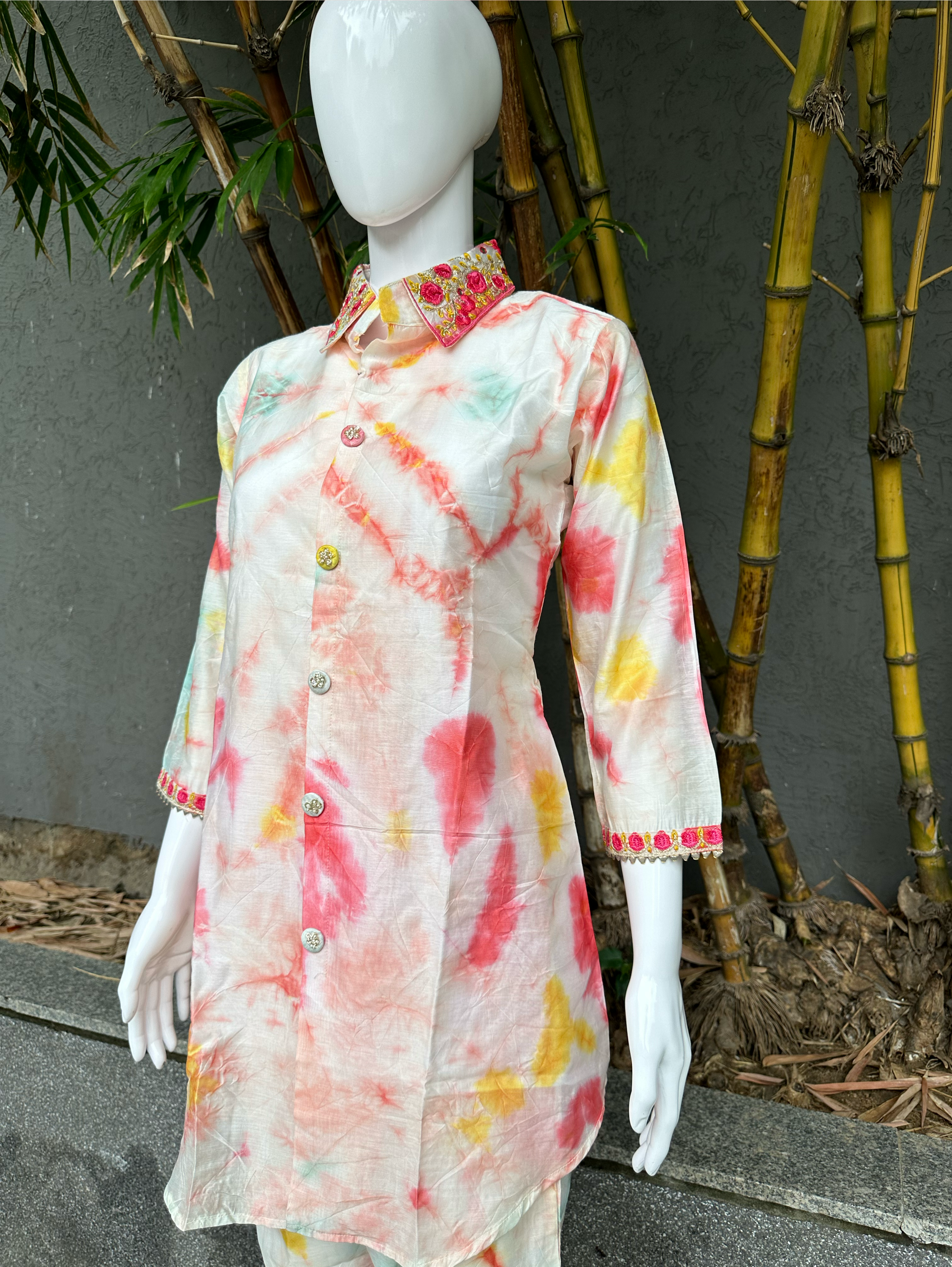 Image of Muslin Silk Collar Embroidery Coords - Tie Dye