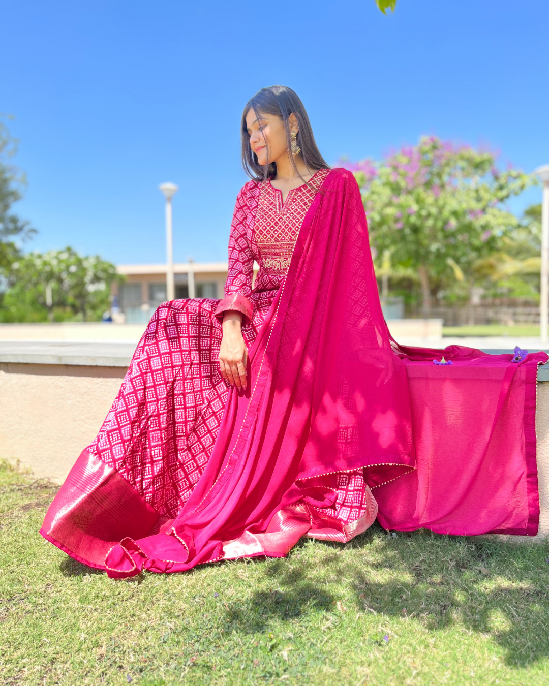 Bandhni Print Georgette Gown- Rani Color