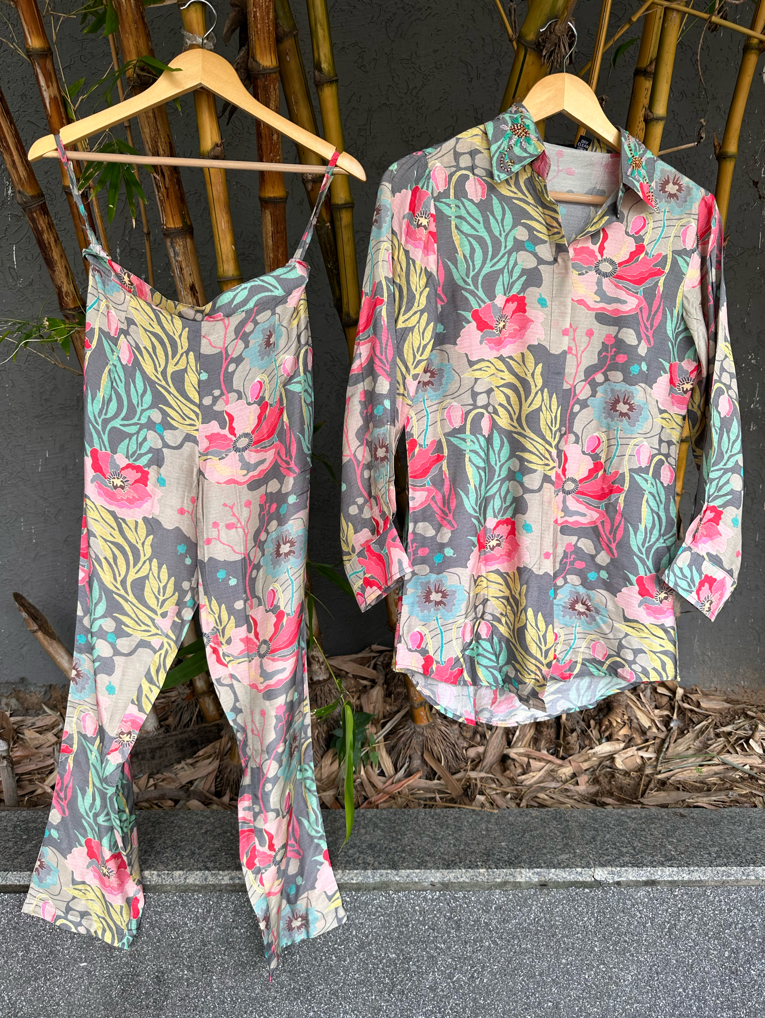 Image of Muslin Flower Print Coord Set with Hand work