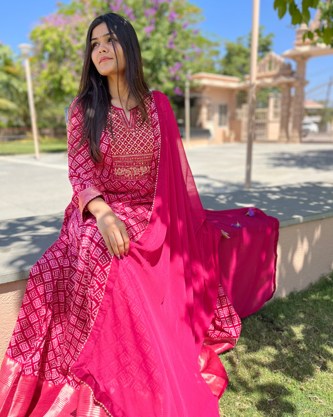 Bandhni Print Georgette Gown- Rani Color