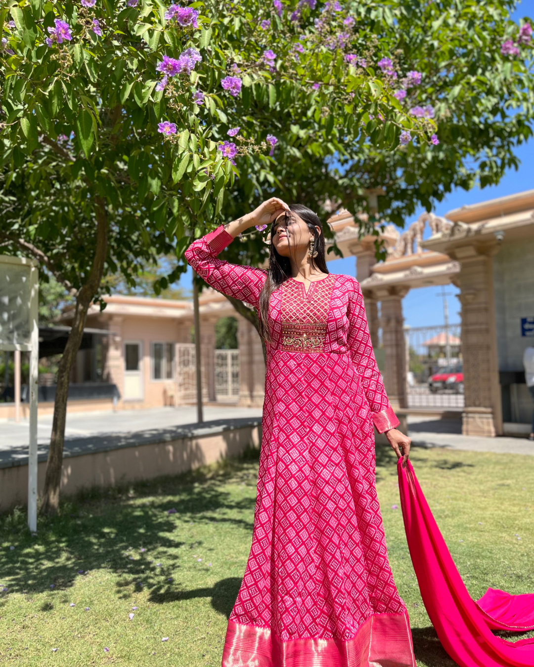 Image of Bandhni Print Georgette Gown- Rani Color