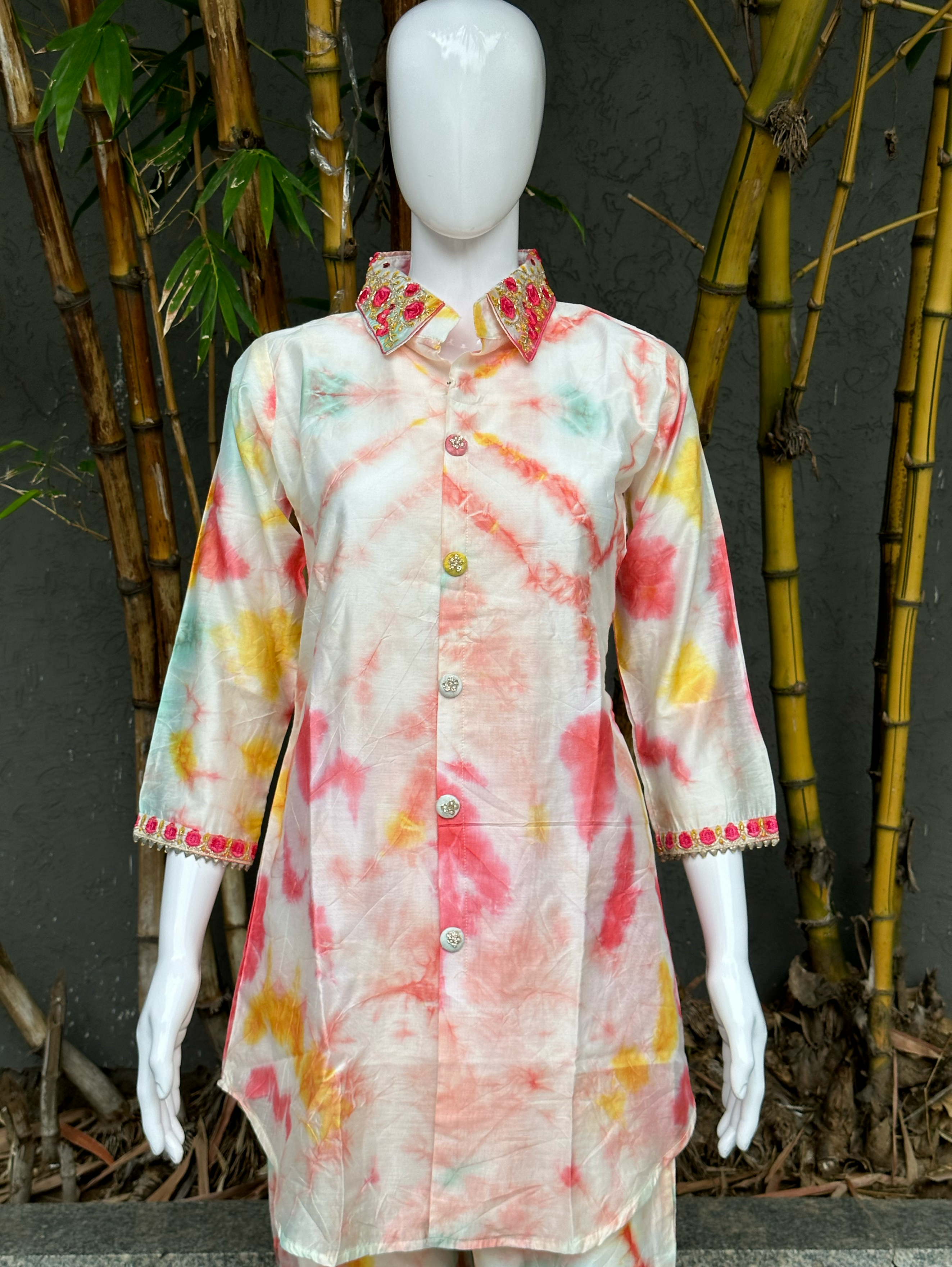 Image of Muslin Silk Collar Embroidery Coords - Tie Dye
