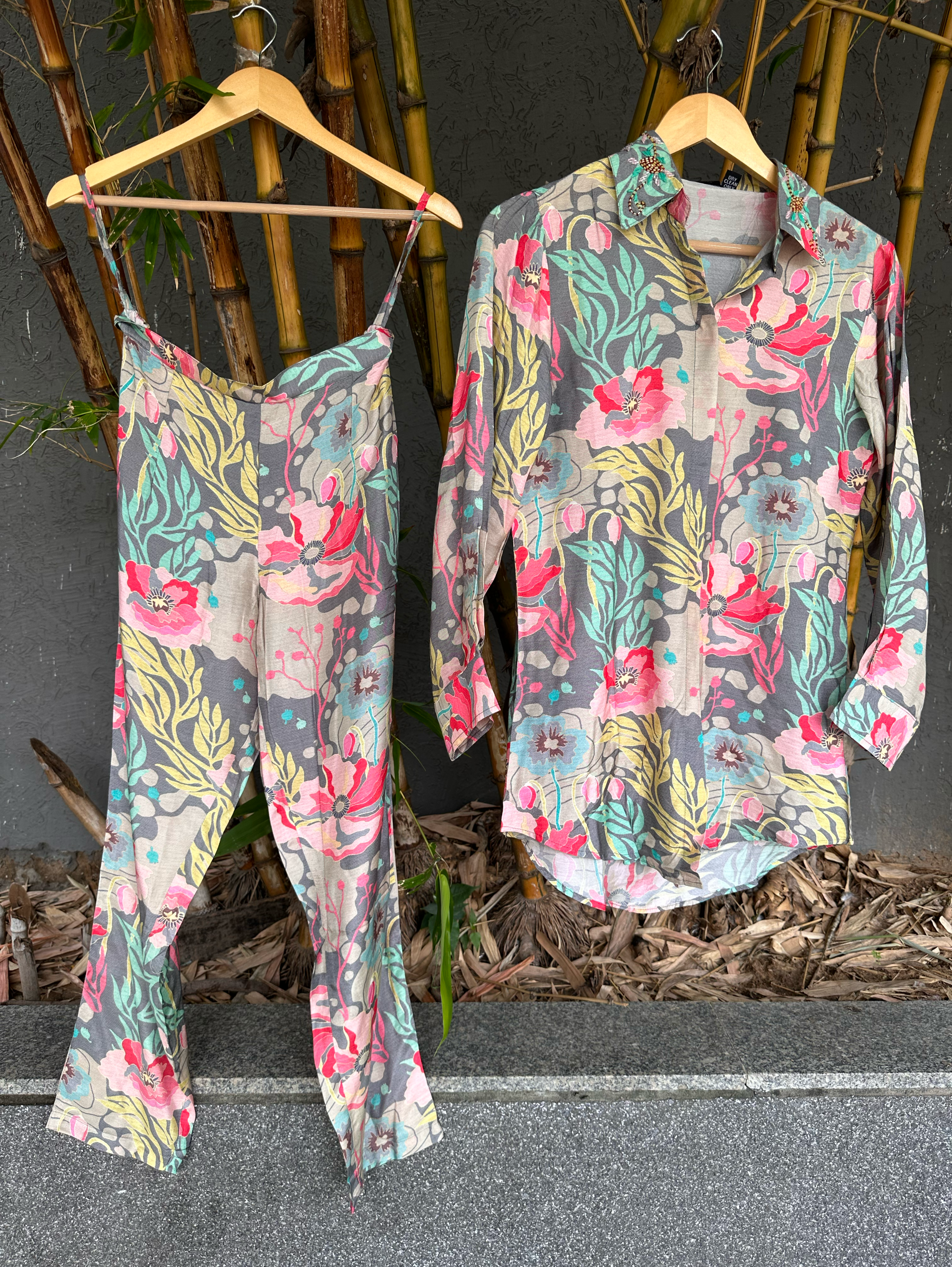 Image of Muslin Flower Print Coord Set with Hand work