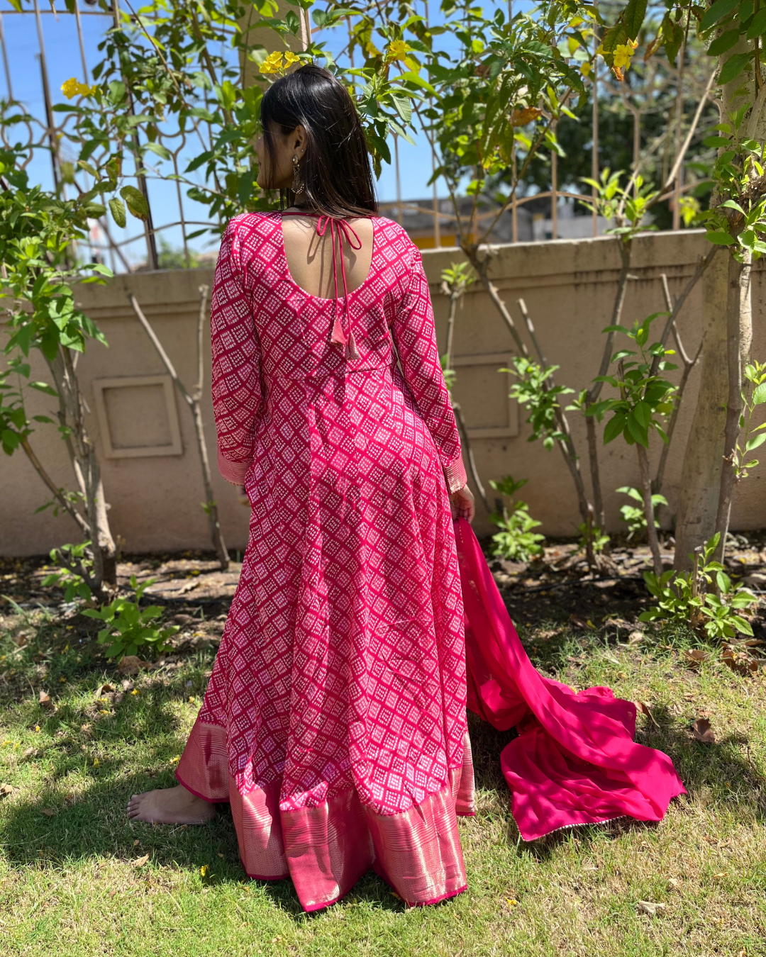 Bandhni Print Georgette Gown- Rani Color