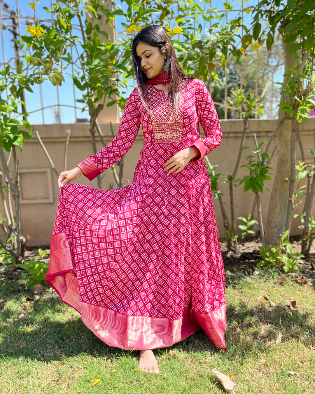 Image of Bandhni Print Georgette Gown- Rani Color