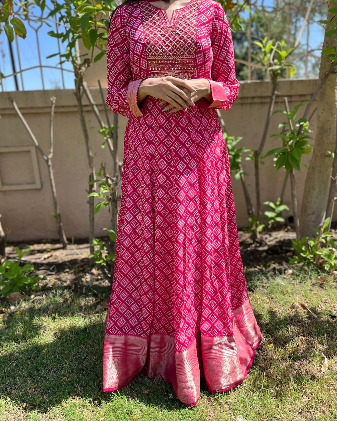 Image of Bandhni Print Georgette Gown- Rani Color