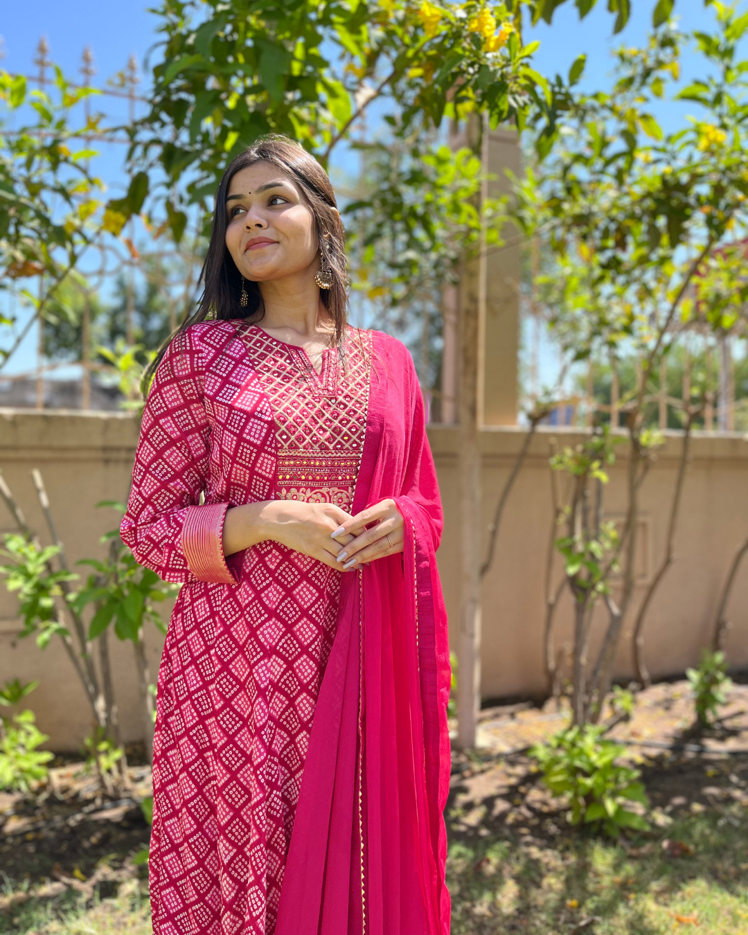 Image of Bandhni Print Georgette Gown- Rani Color