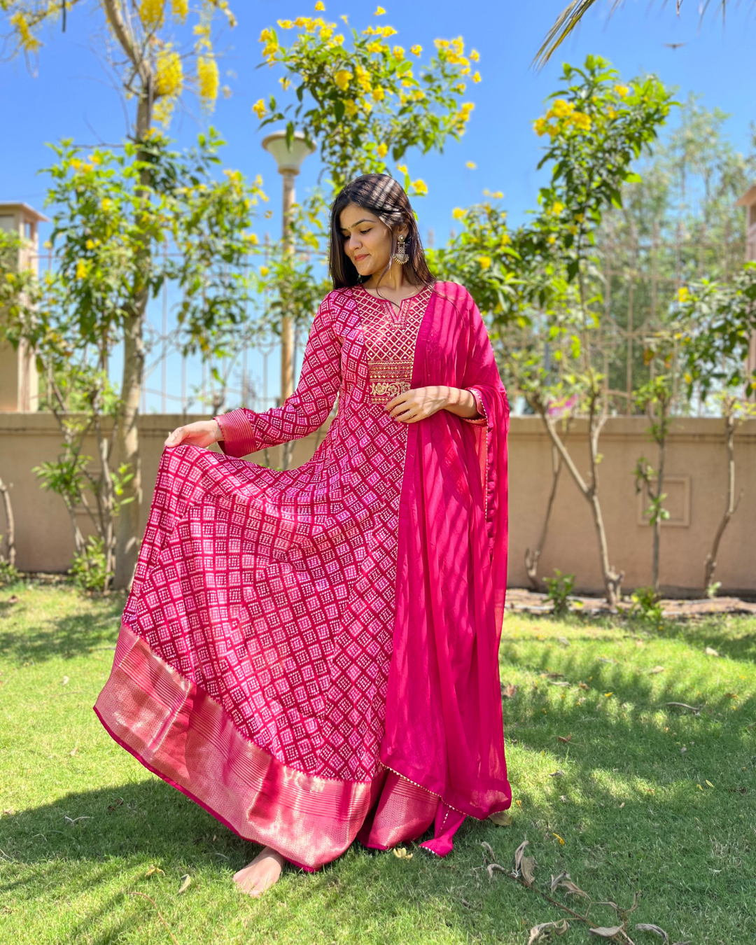 Bandhni Print Georgette Gown- Rani Color