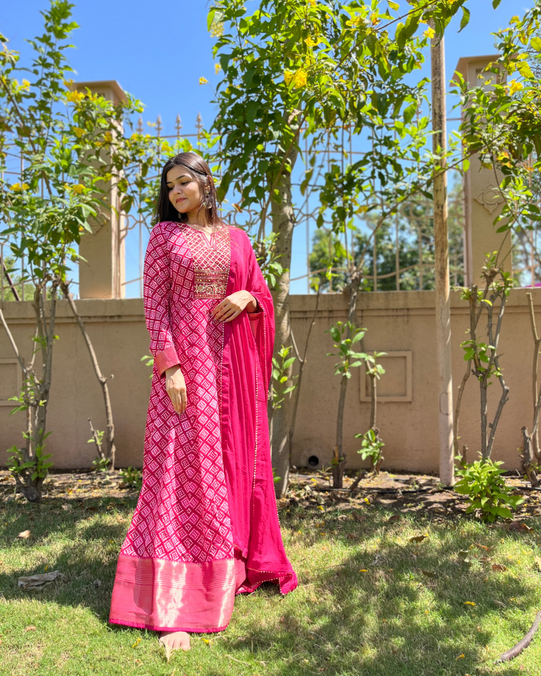 Bandhni Print Georgette Gown- Rani Color