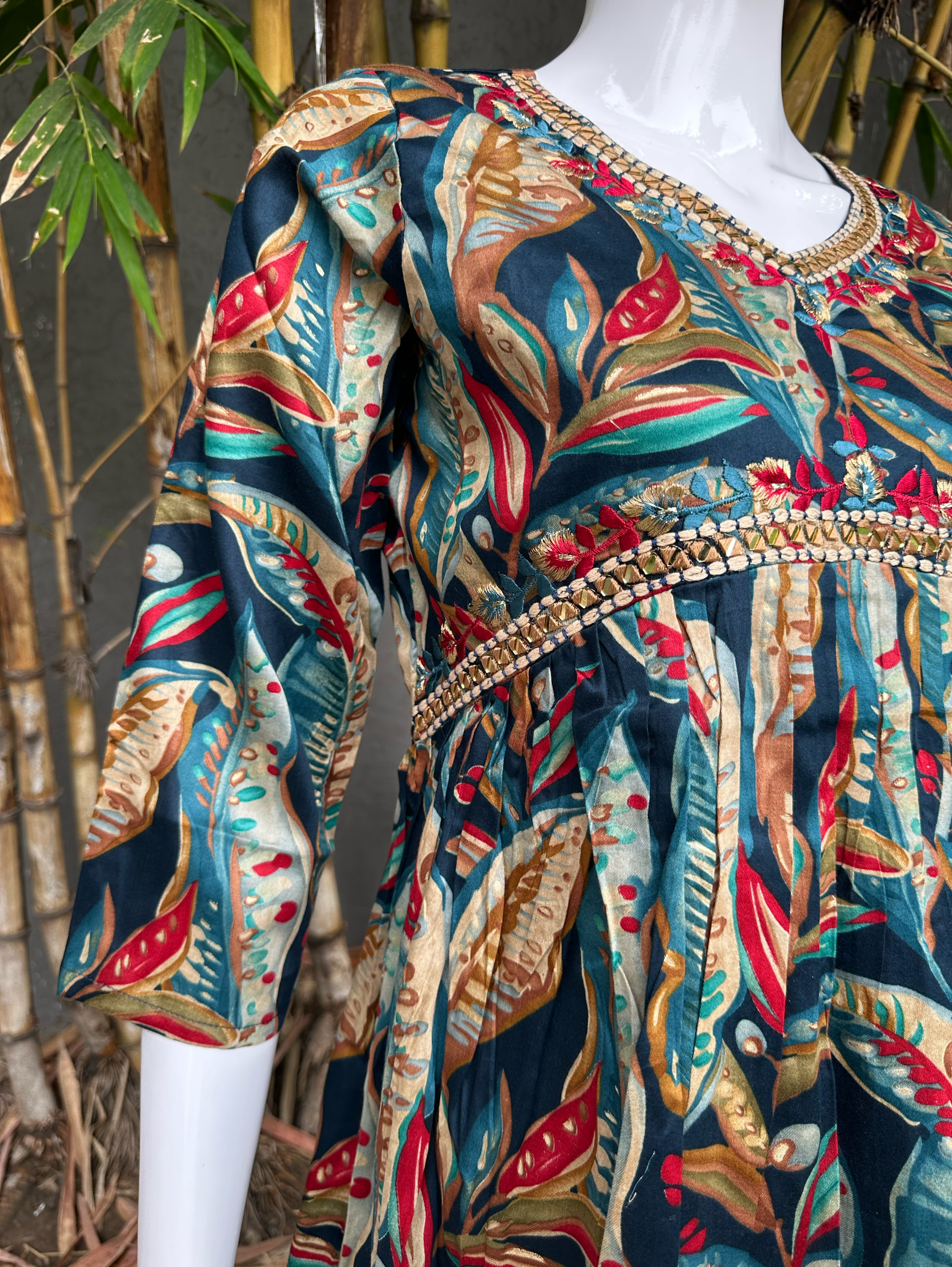 Image of Muslin v Neck Embroidery Bell Bottom Coords