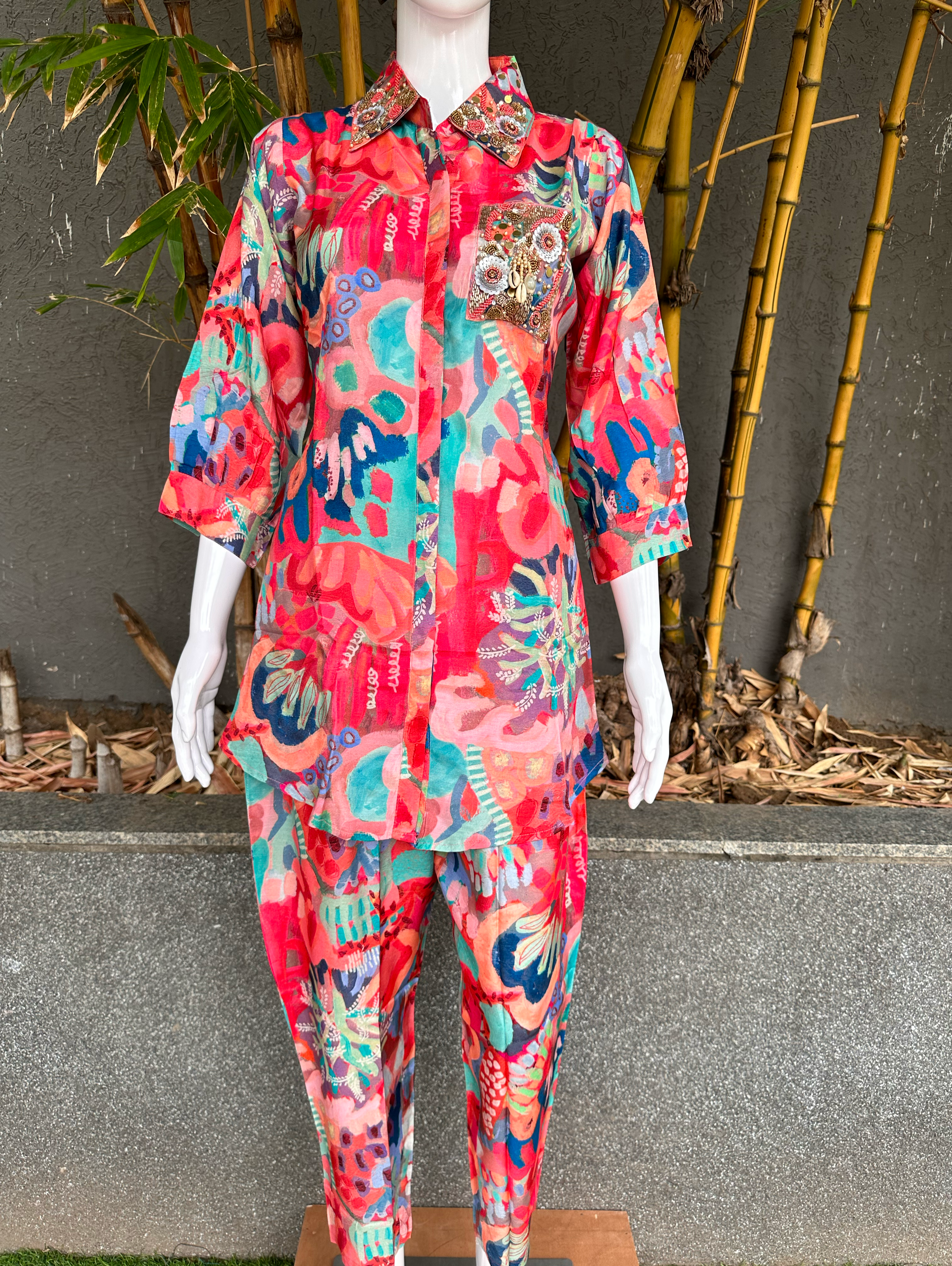 Muslin Coord Set with Collar & Pocket Hand Work