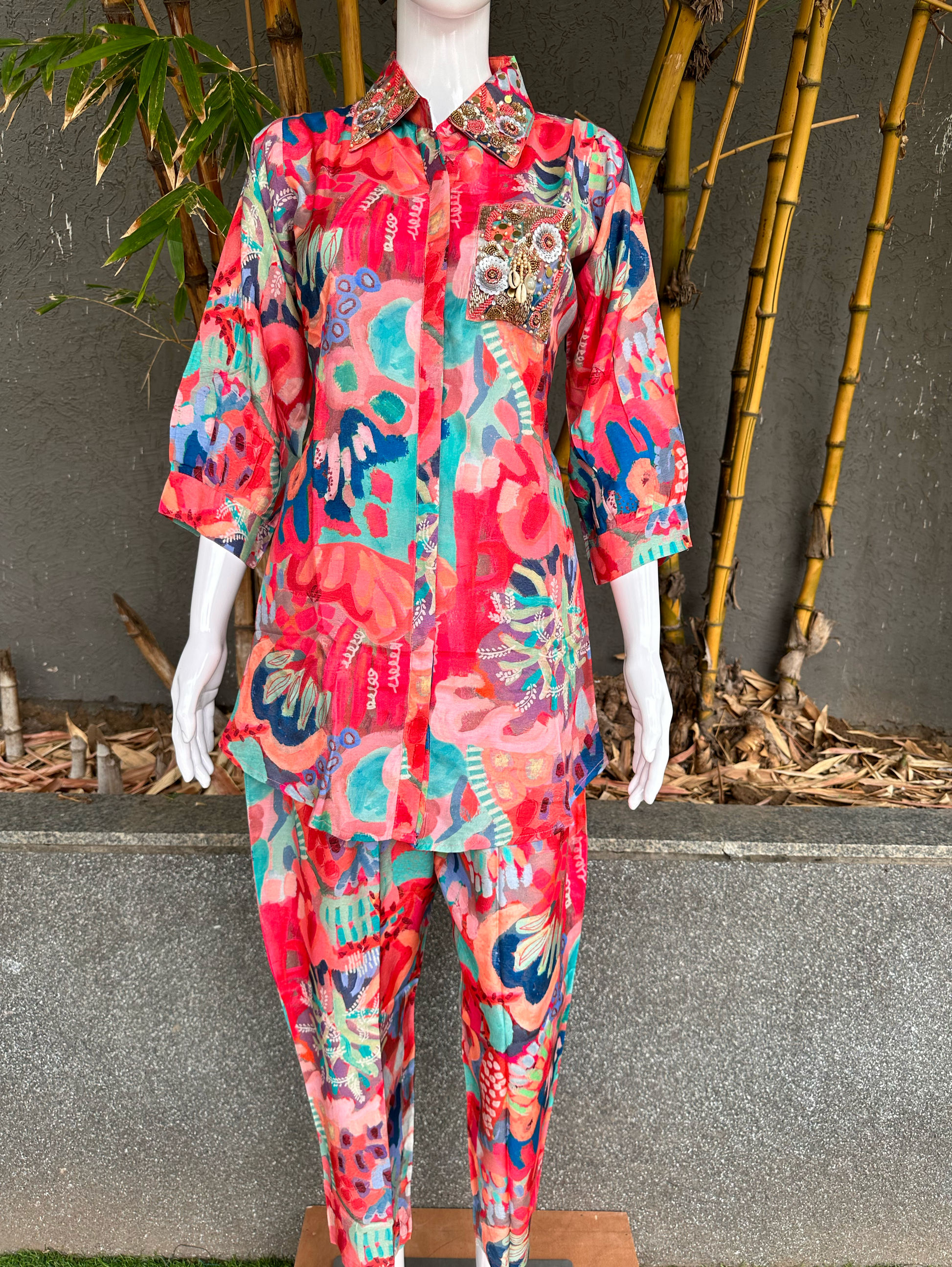 Muslin Coord Set with Collar & Pocket Hand Work