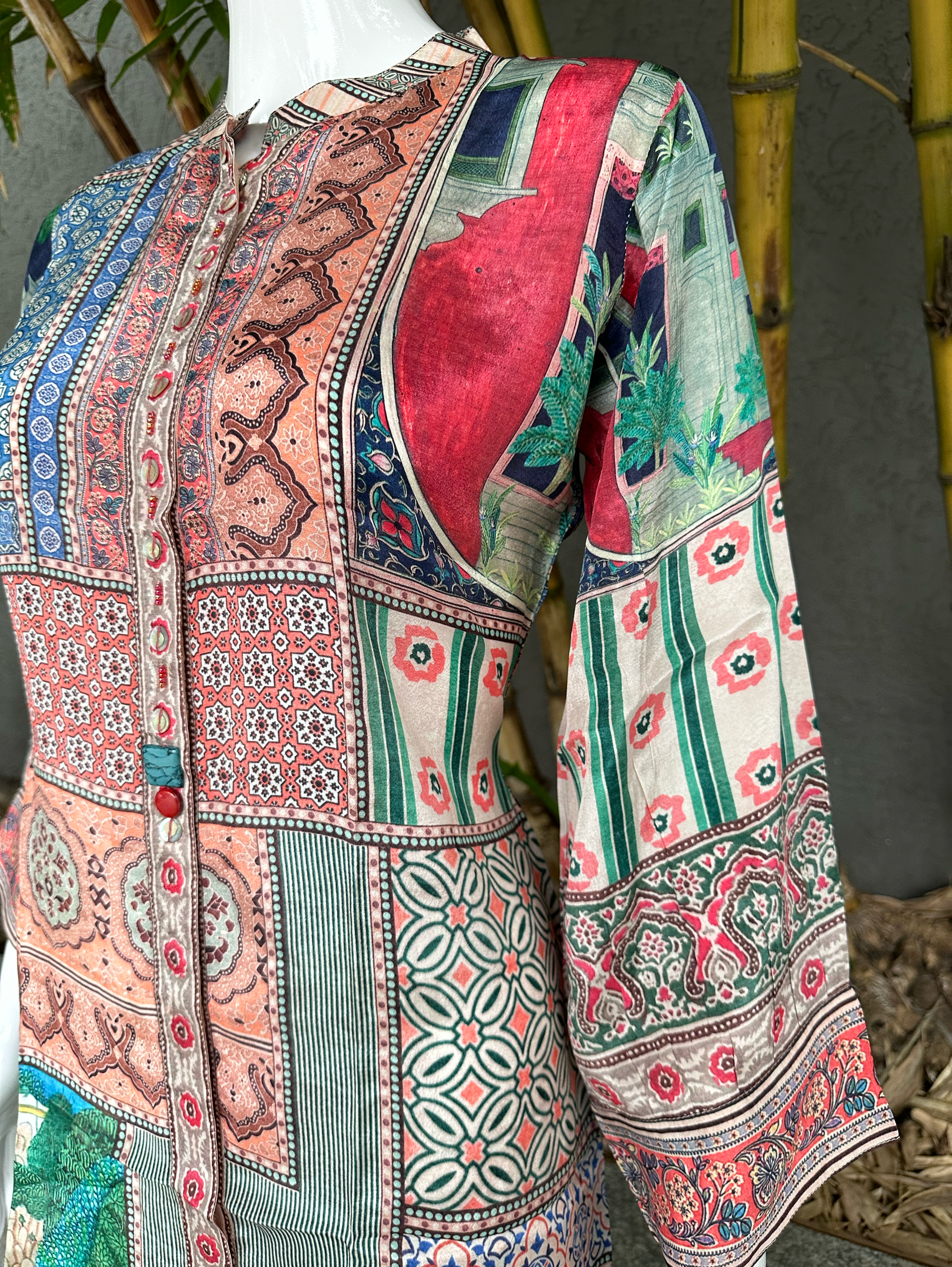 Image of Muslin Print Tunics with Stand Patti Embroidery work