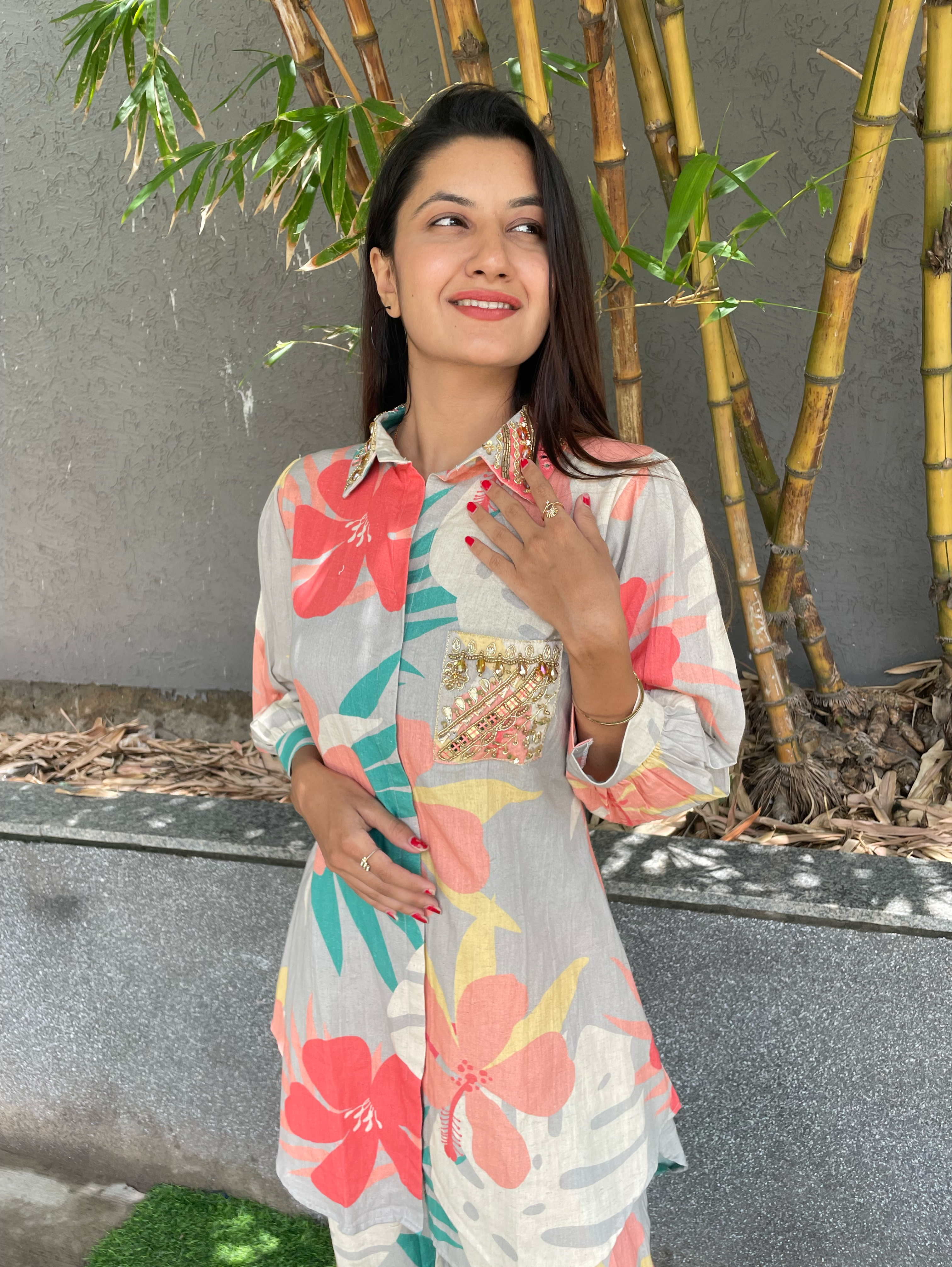 Image of Cotton Flower Print Hand work Coords