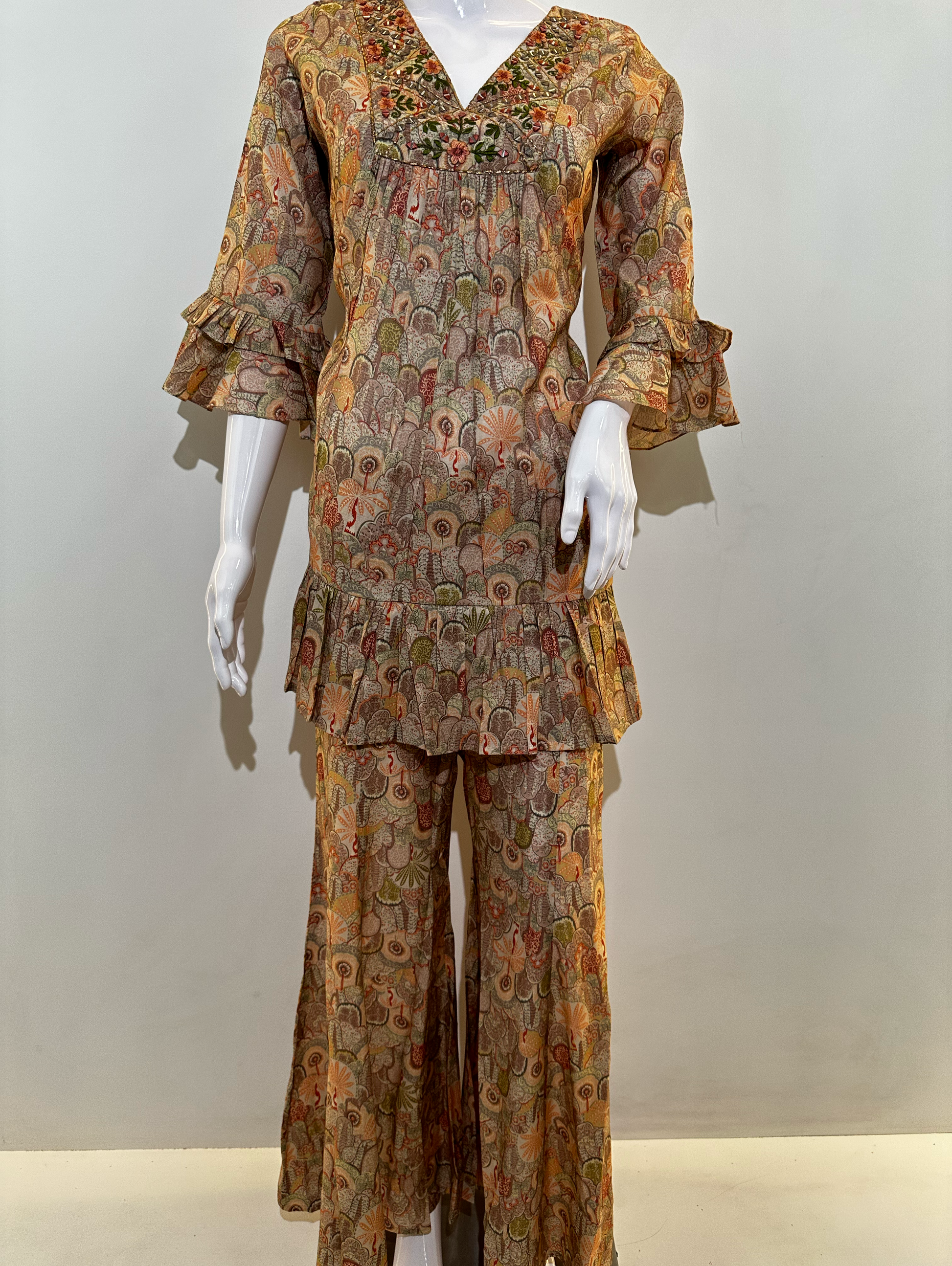 Muslin Embroidery Bell Bottom Kurti Set
