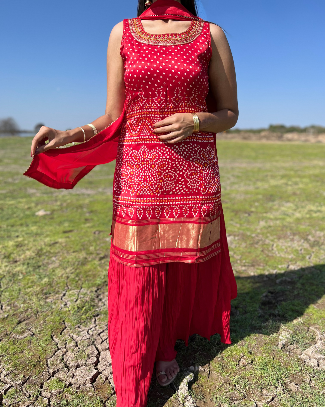 Image of Gaji Silk Bandhni print Sharara Set - 3 piece