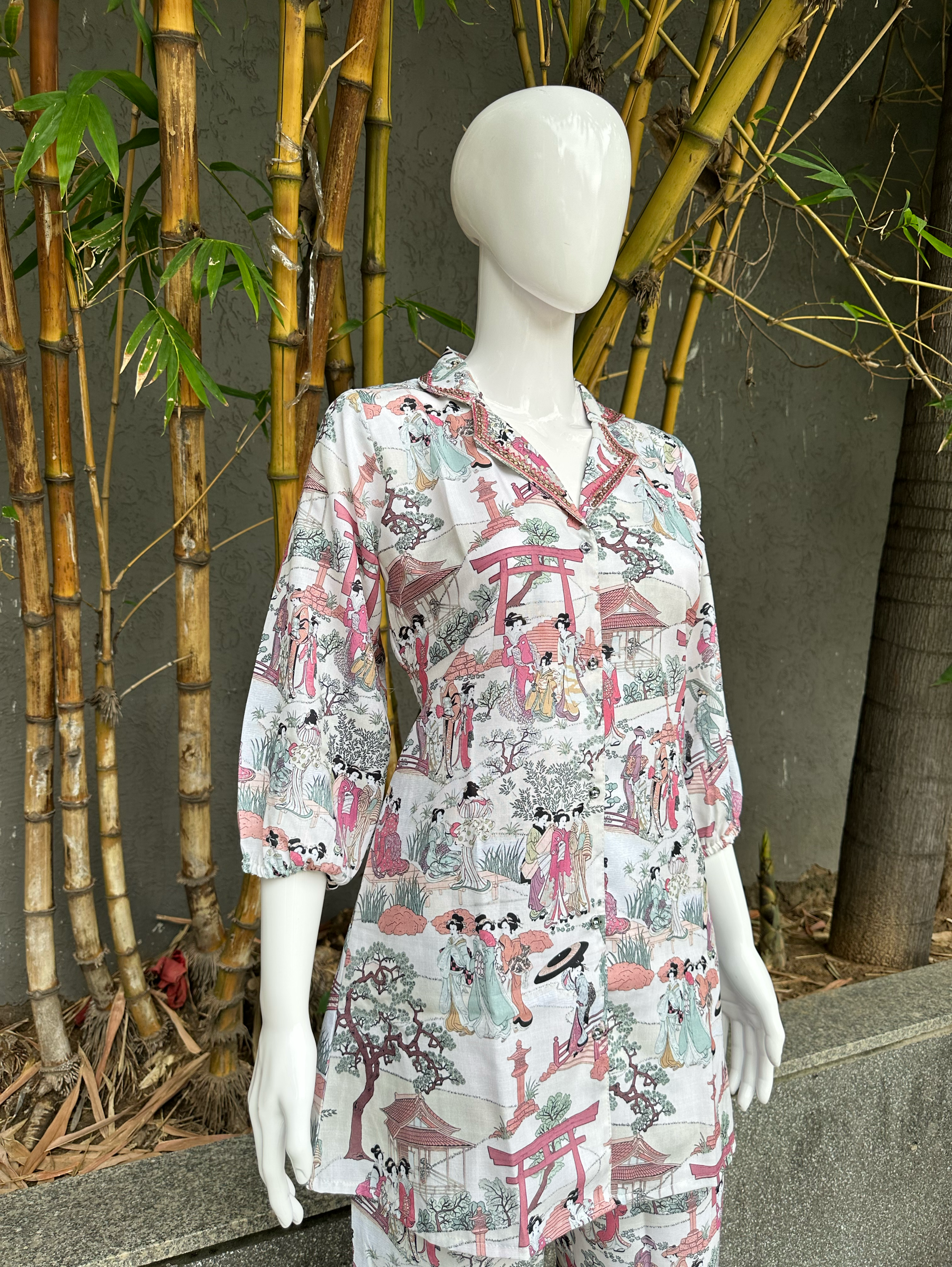 Image of Cotton Print Coords with Collar Sequence