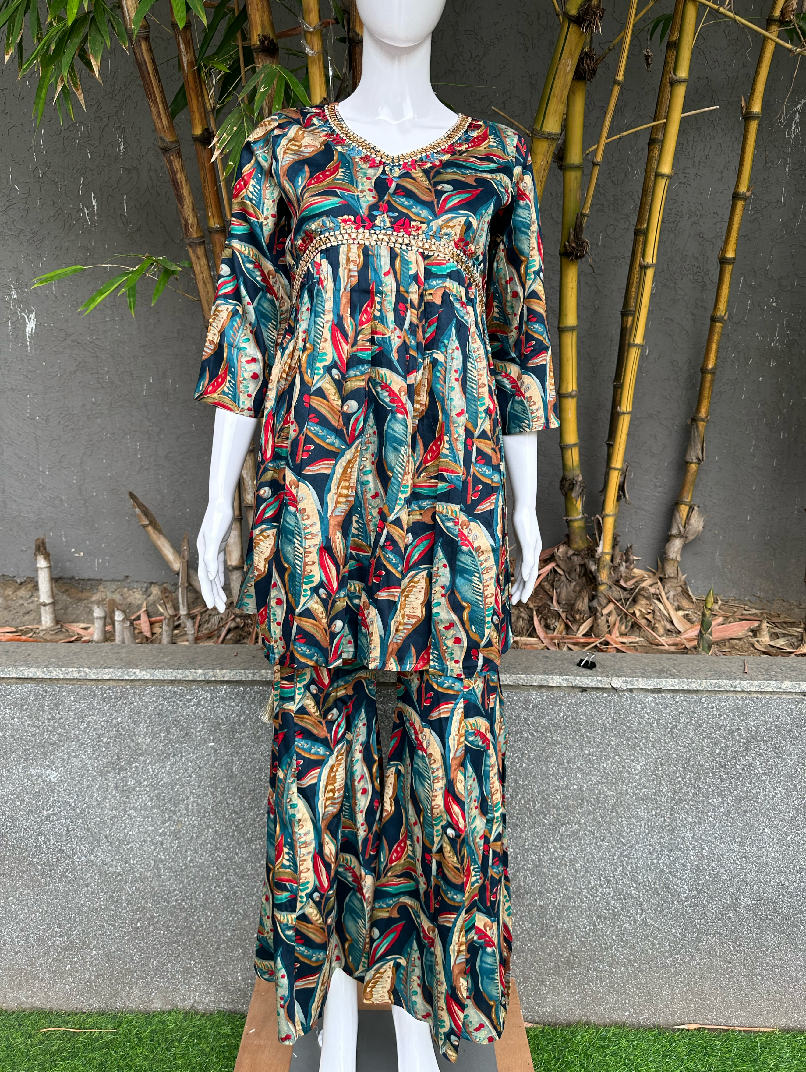 Image of Muslin v Neck Embroidery Bell Bottom Coords