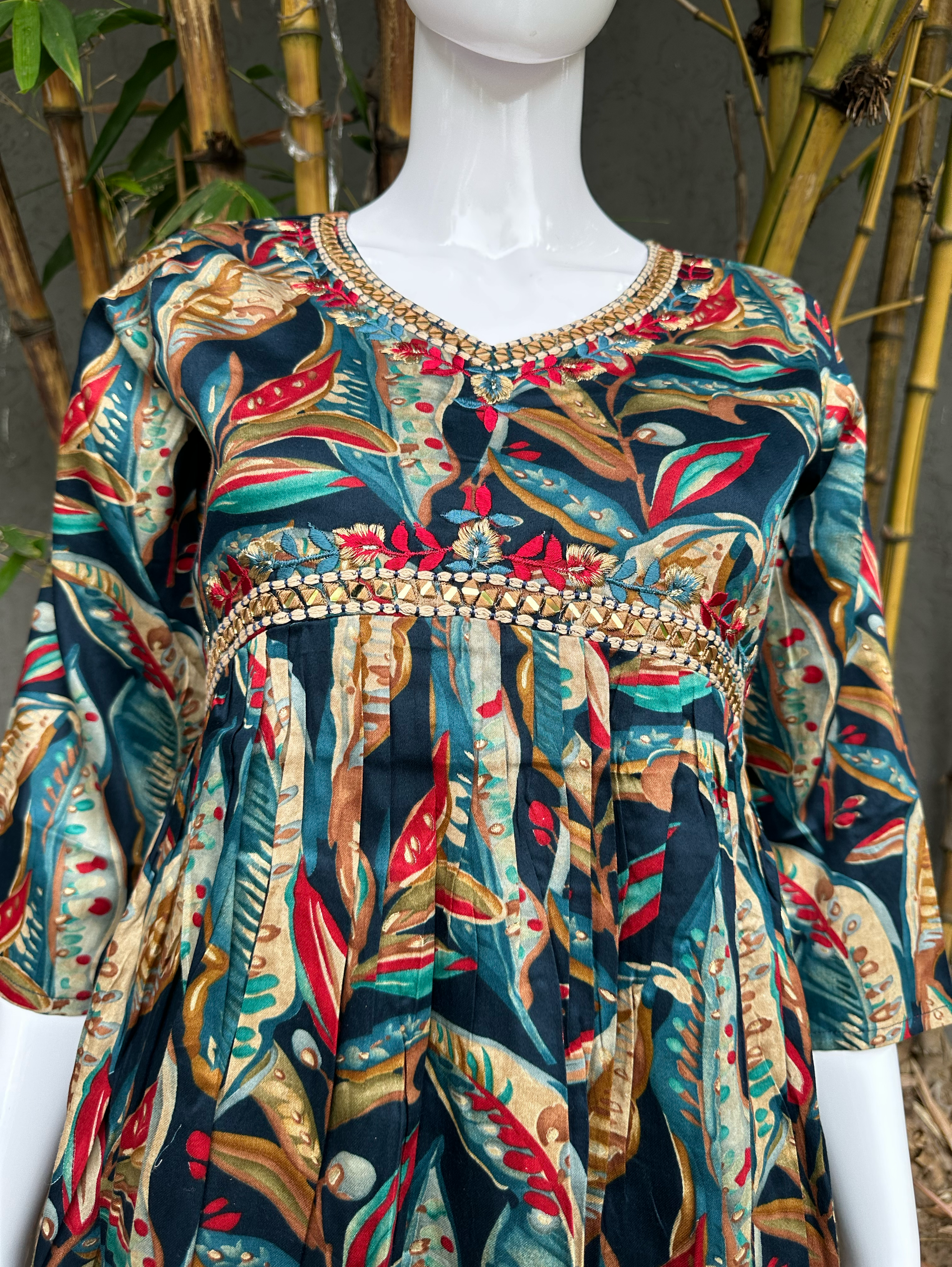 Image of Muslin v Neck Embroidery Bell Bottom Coords