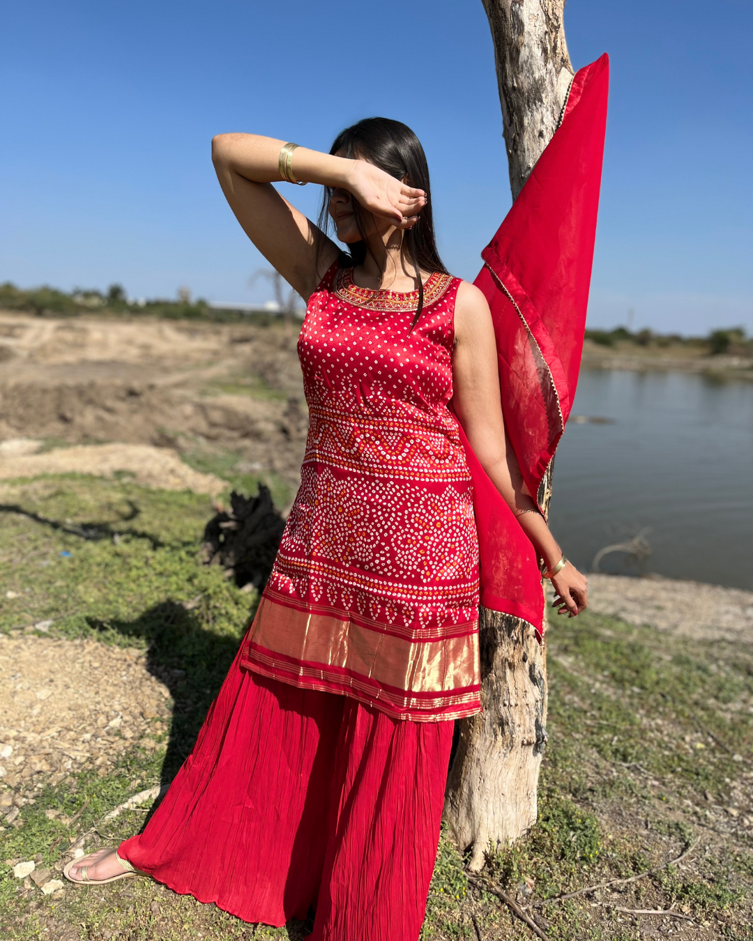 Image of Gaji Silk Bandhni print Sharara Set - 3 piece