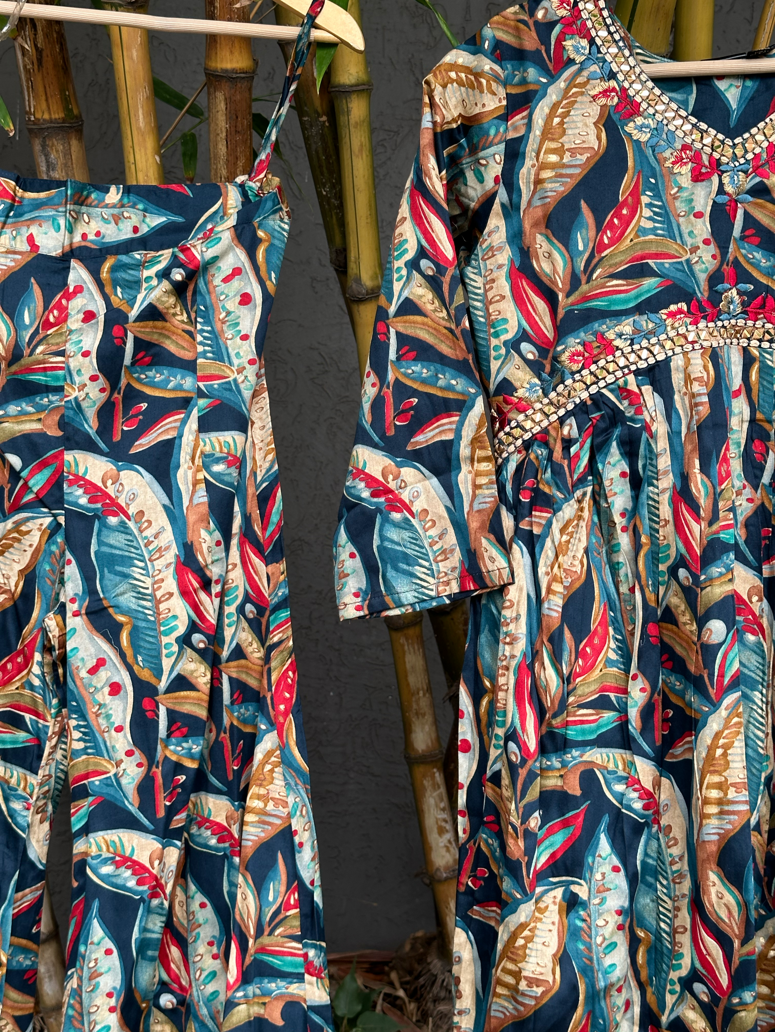 Image of Muslin v Neck Embroidery Bell Bottom Coords