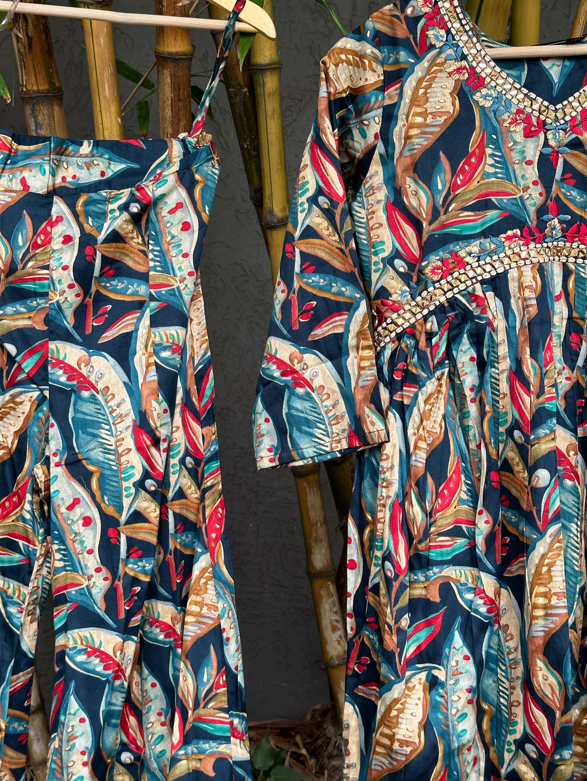 Muslin v Neck Embroidery Bell Bottom Coords