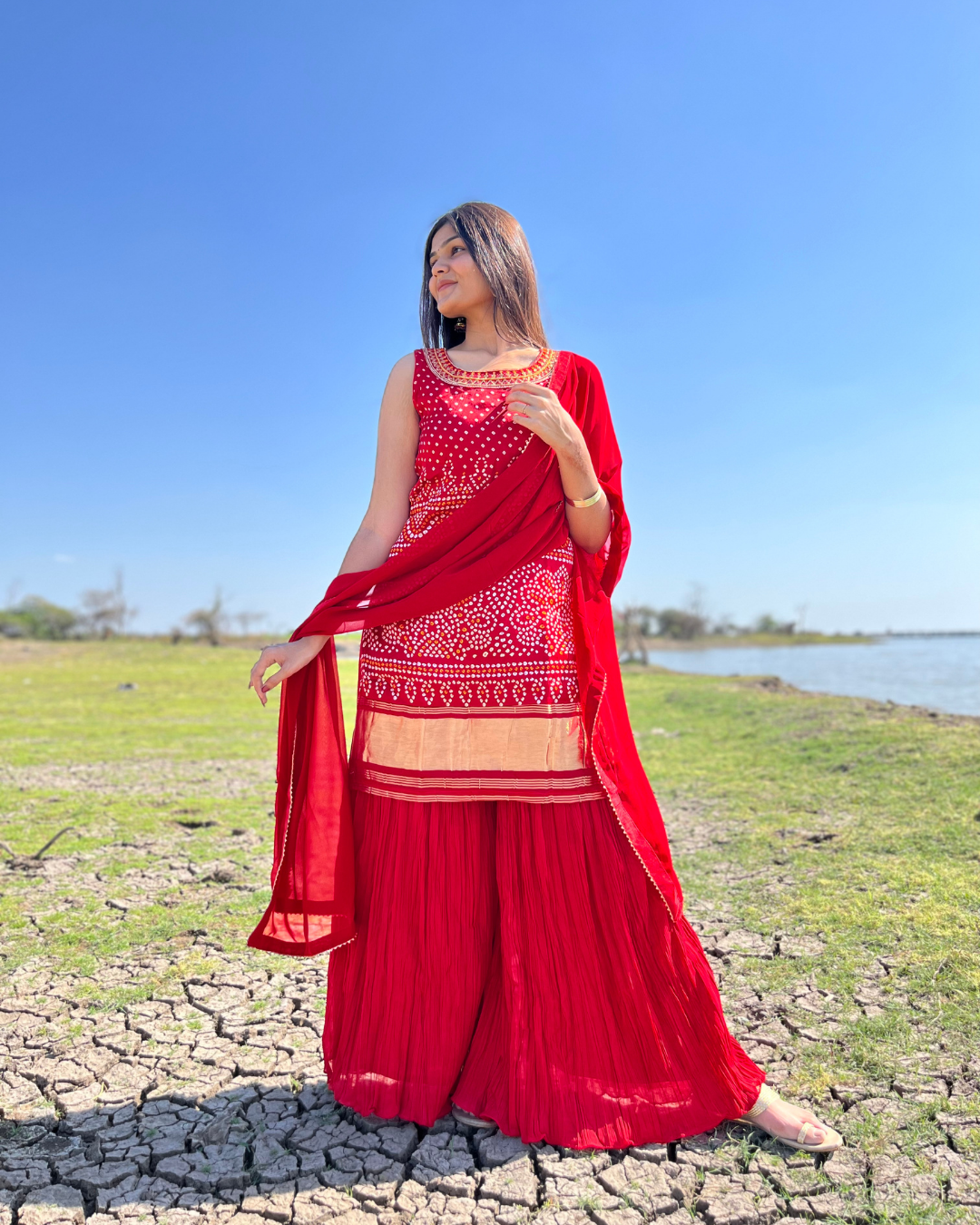 Image of Gaji Silk Bandhni print Sharara Set - 3 piece