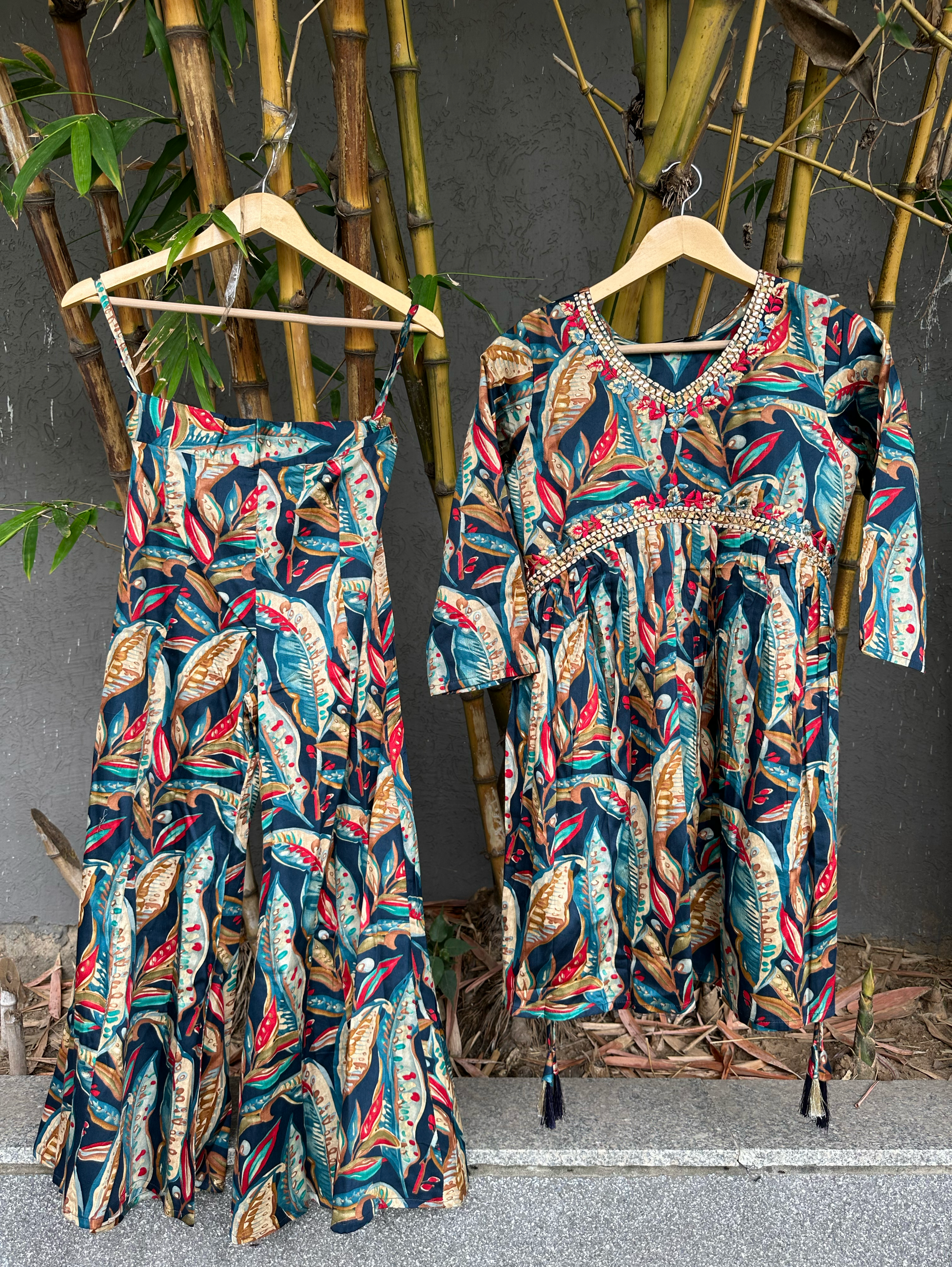 Muslin v Neck Embroidery Bell Bottom Coords