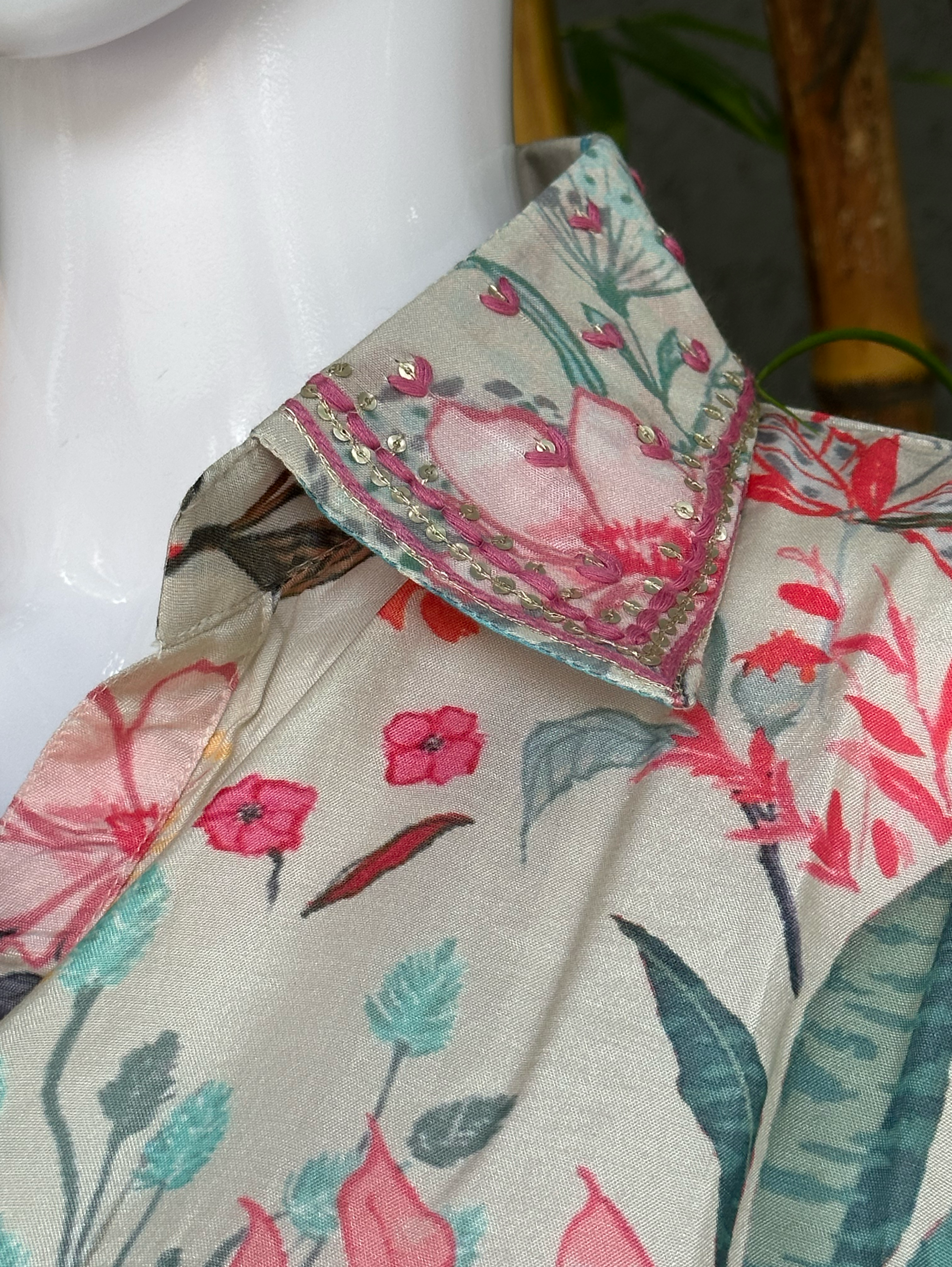 Image of Muslin Flower Print Coord Set with Hand work