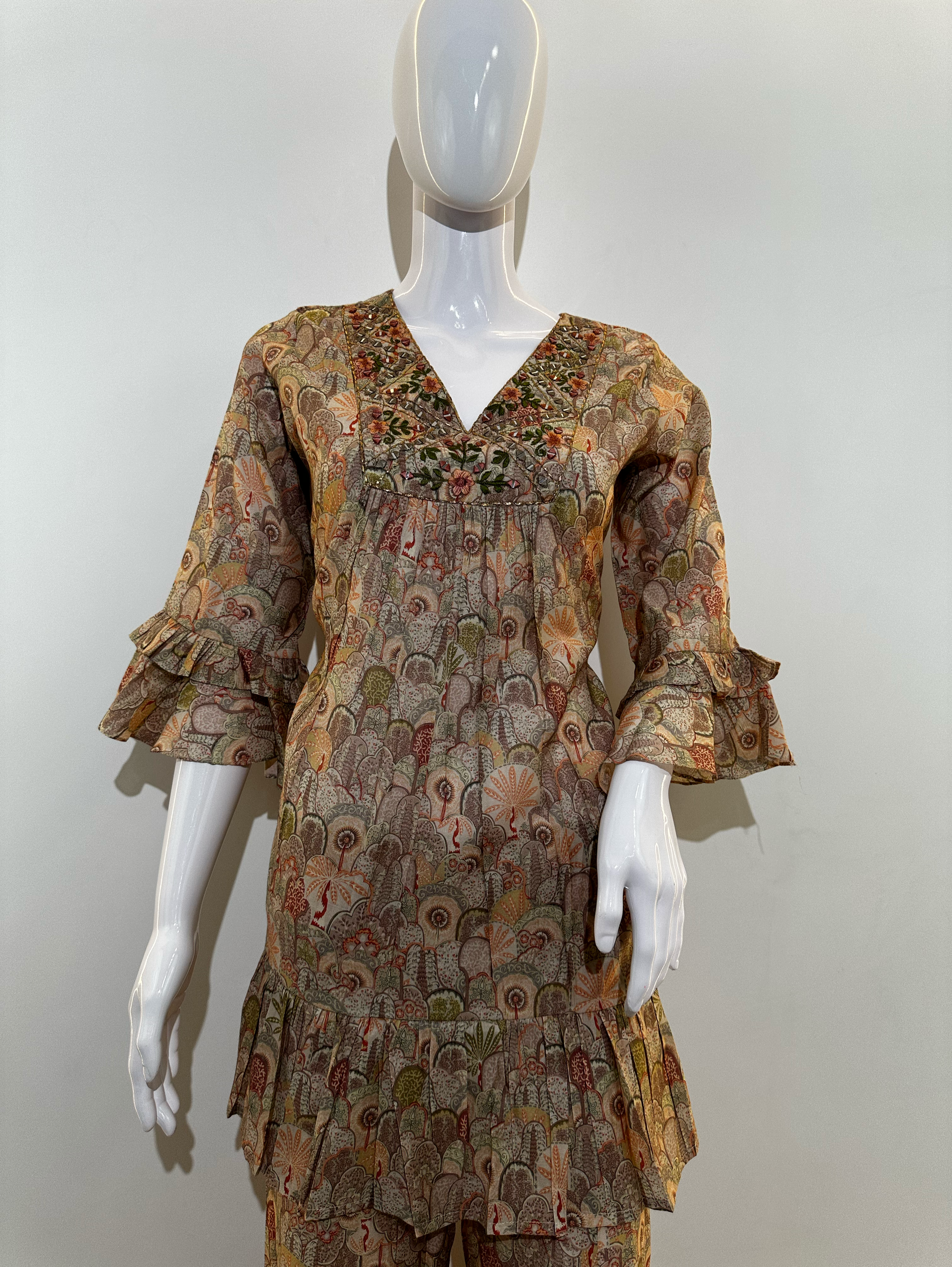 Muslin Embroidery Bell Bottom Kurti Set