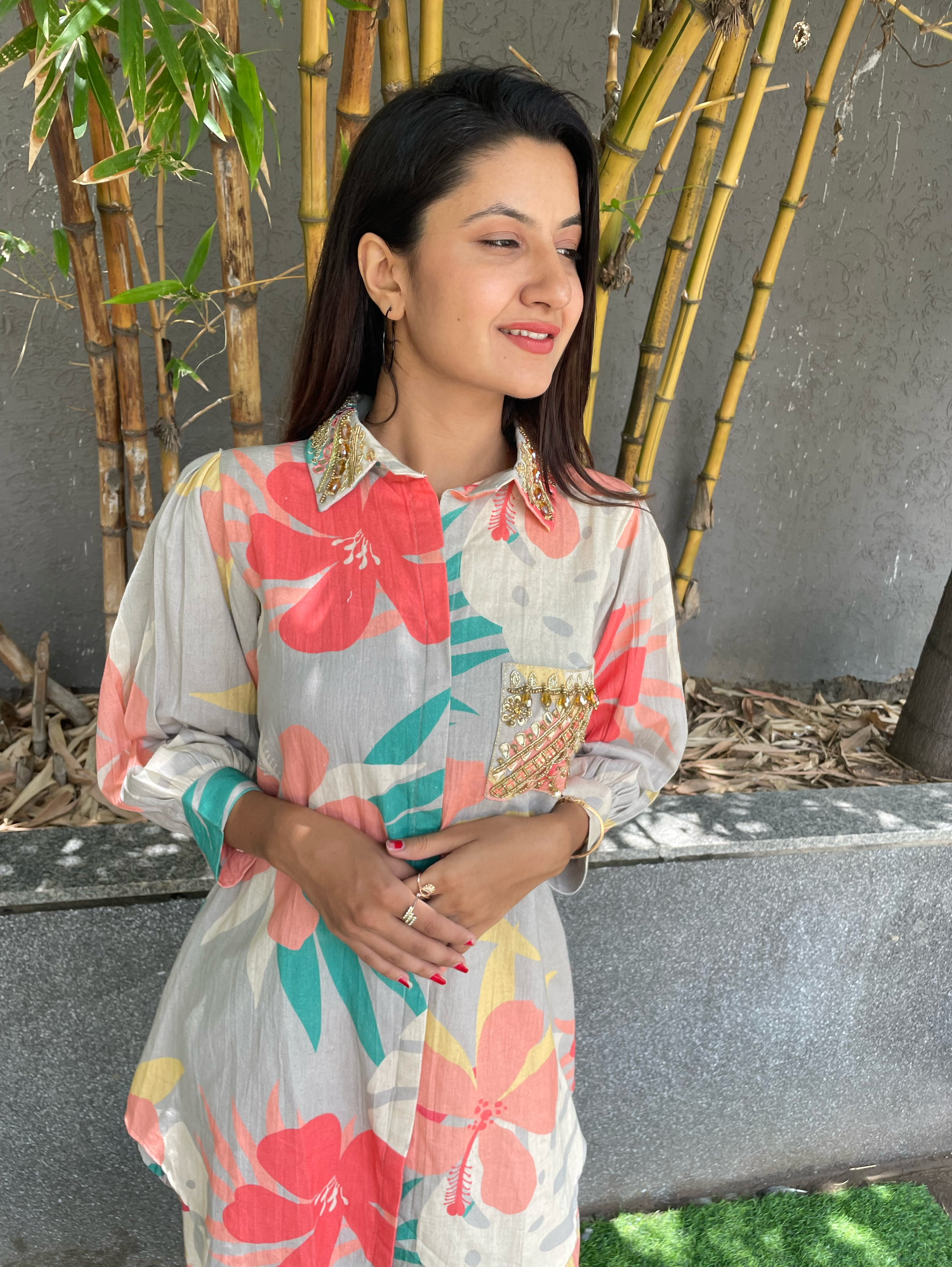 Image of Cotton Flower Print Hand work Coords