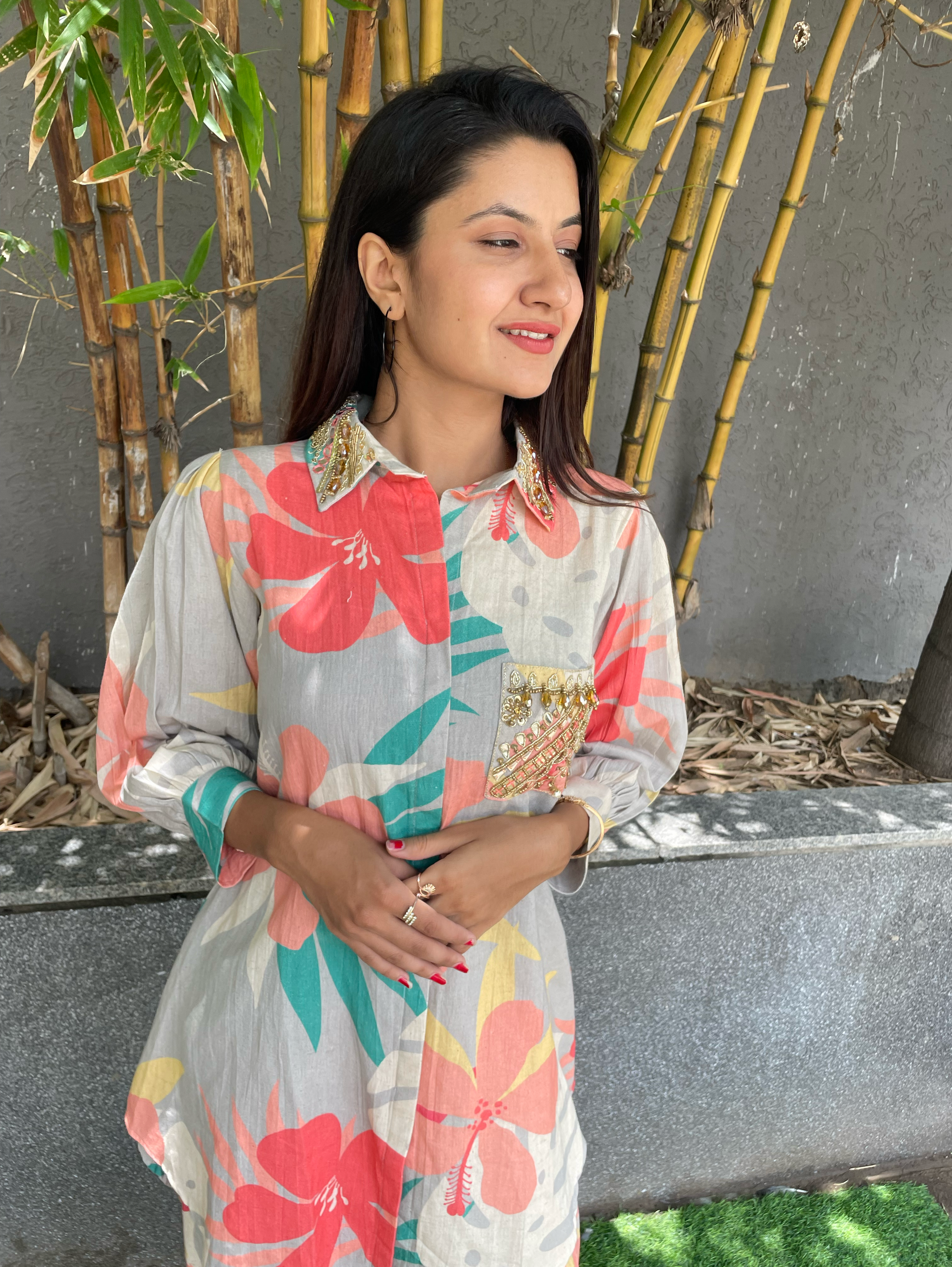 Cotton Flower Print Hand work Coords