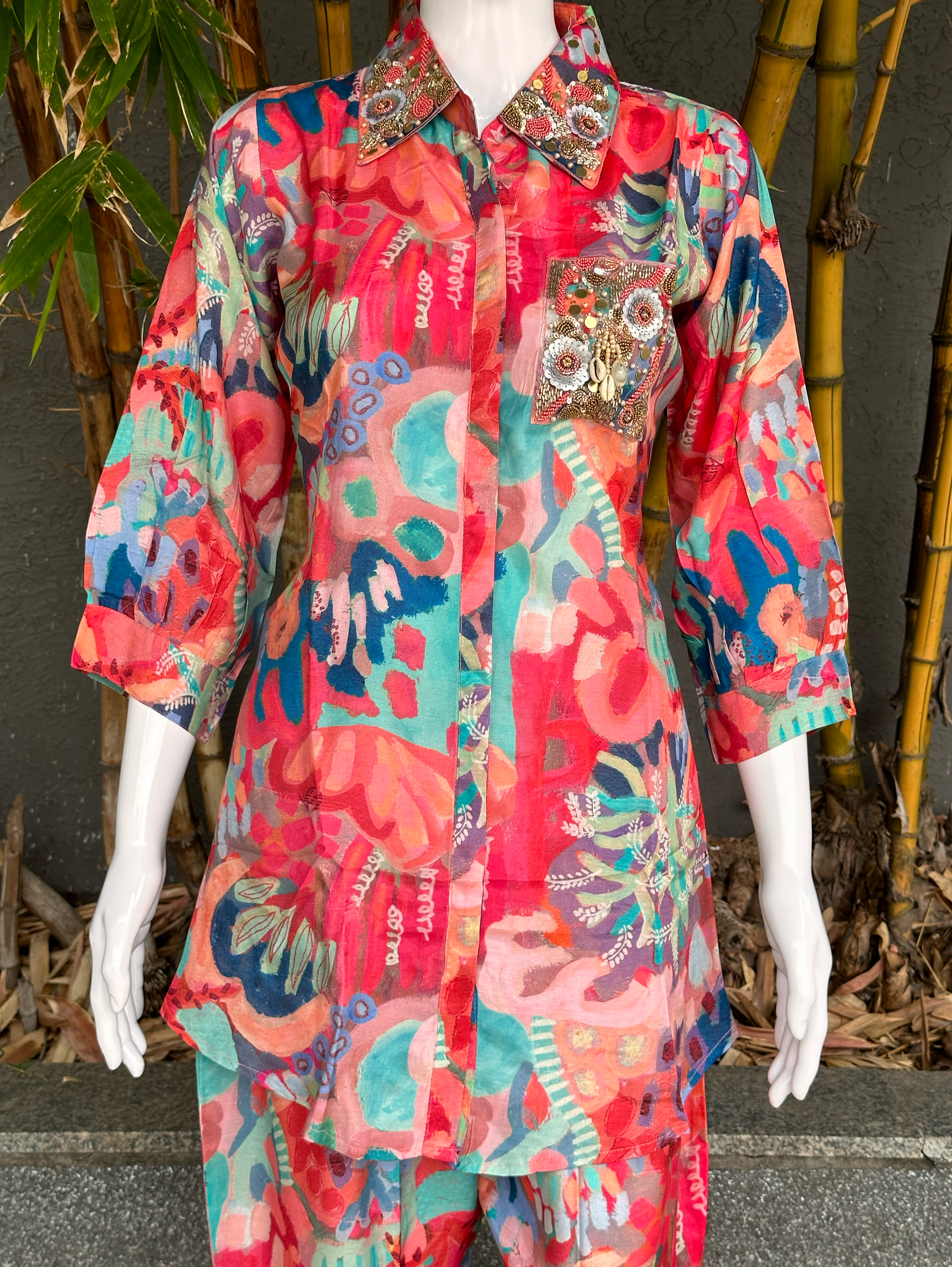 Muslin Coord Set with Collar & Pocket Hand Work