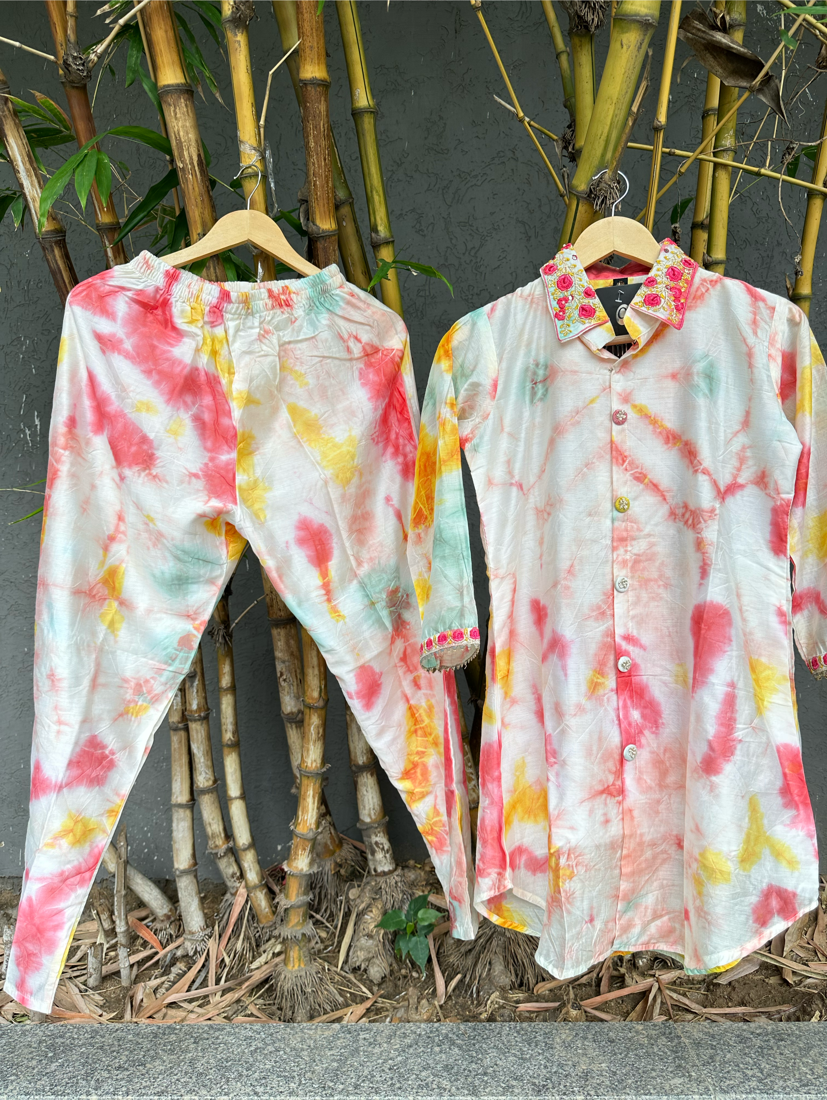 Image of Muslin Silk Collar Embroidery Coords - Tie Dye