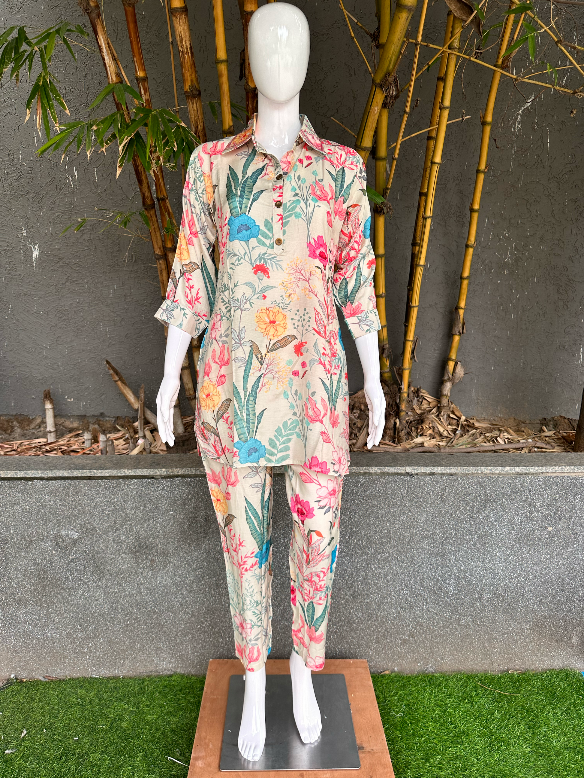 Muslin Flower Print Coord Set with Hand work